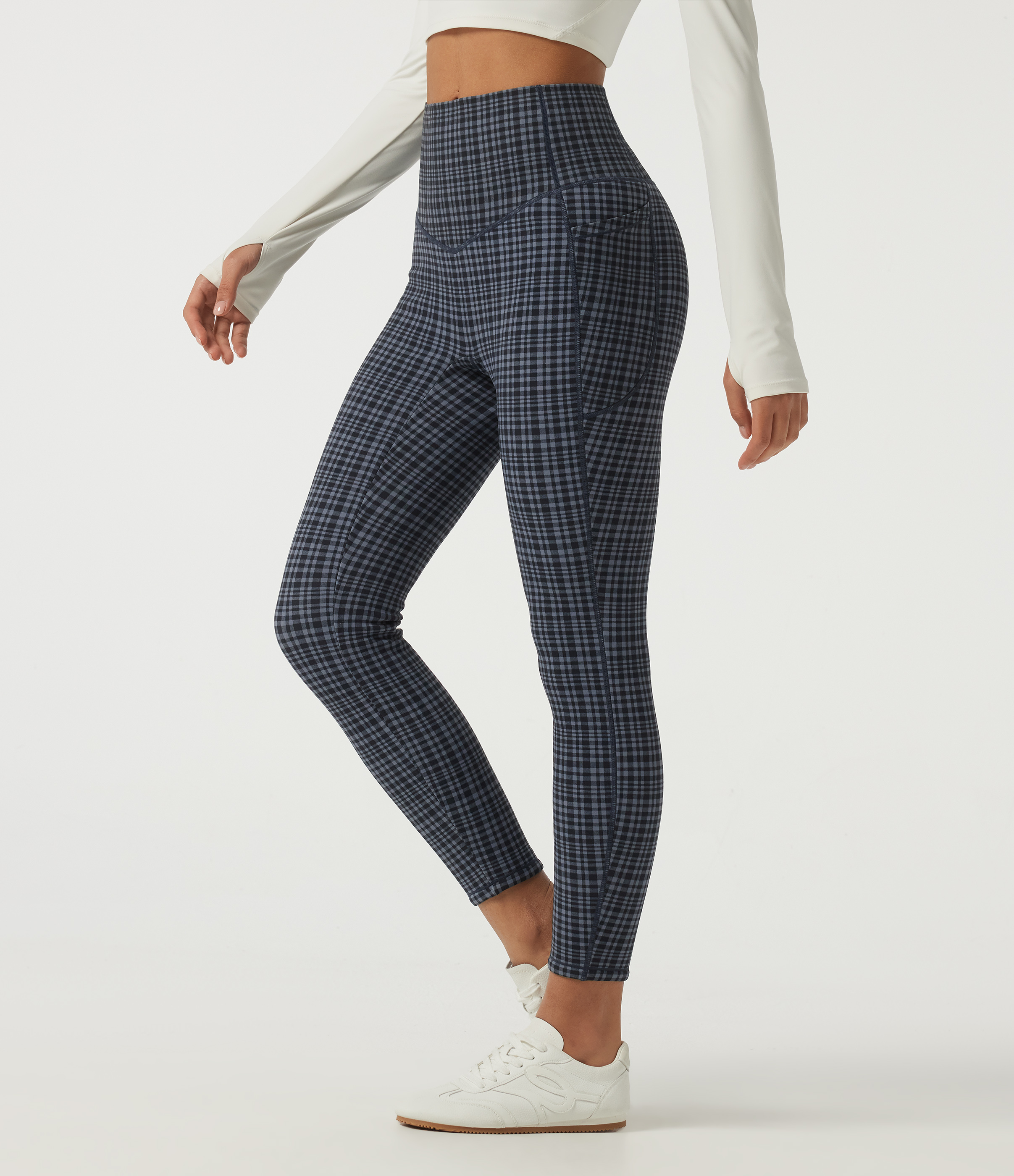 Storm Gray Check Plaid Halara UltraSculpt™ High Waisted Tummy Control Fleece Plaid Workout Leggings with Pockets / 1