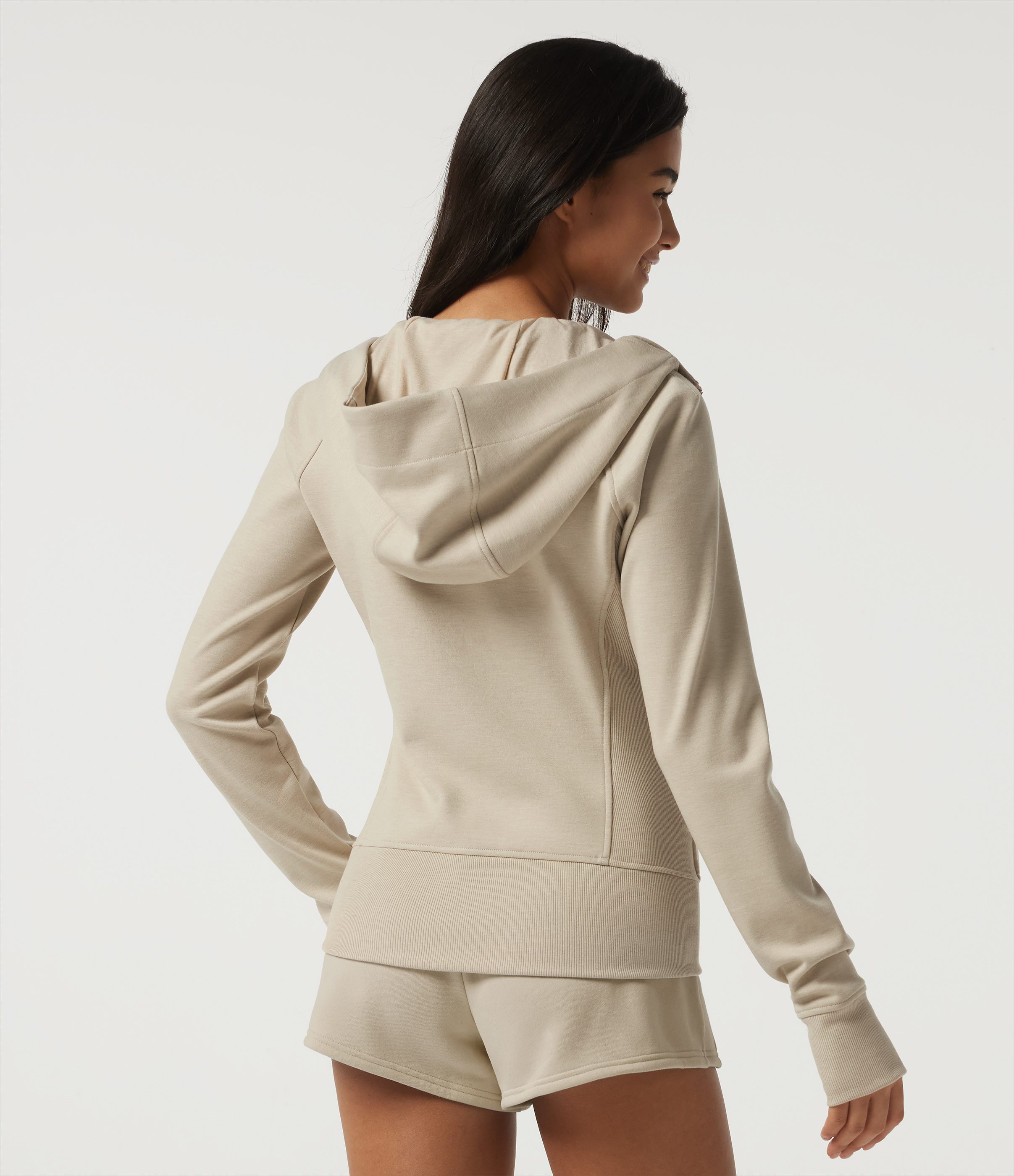 Oat Cream White Hooded Raglan Long Sleeve Fleece Workout Sweatshirt with Pockets and Thumb Holes / 2