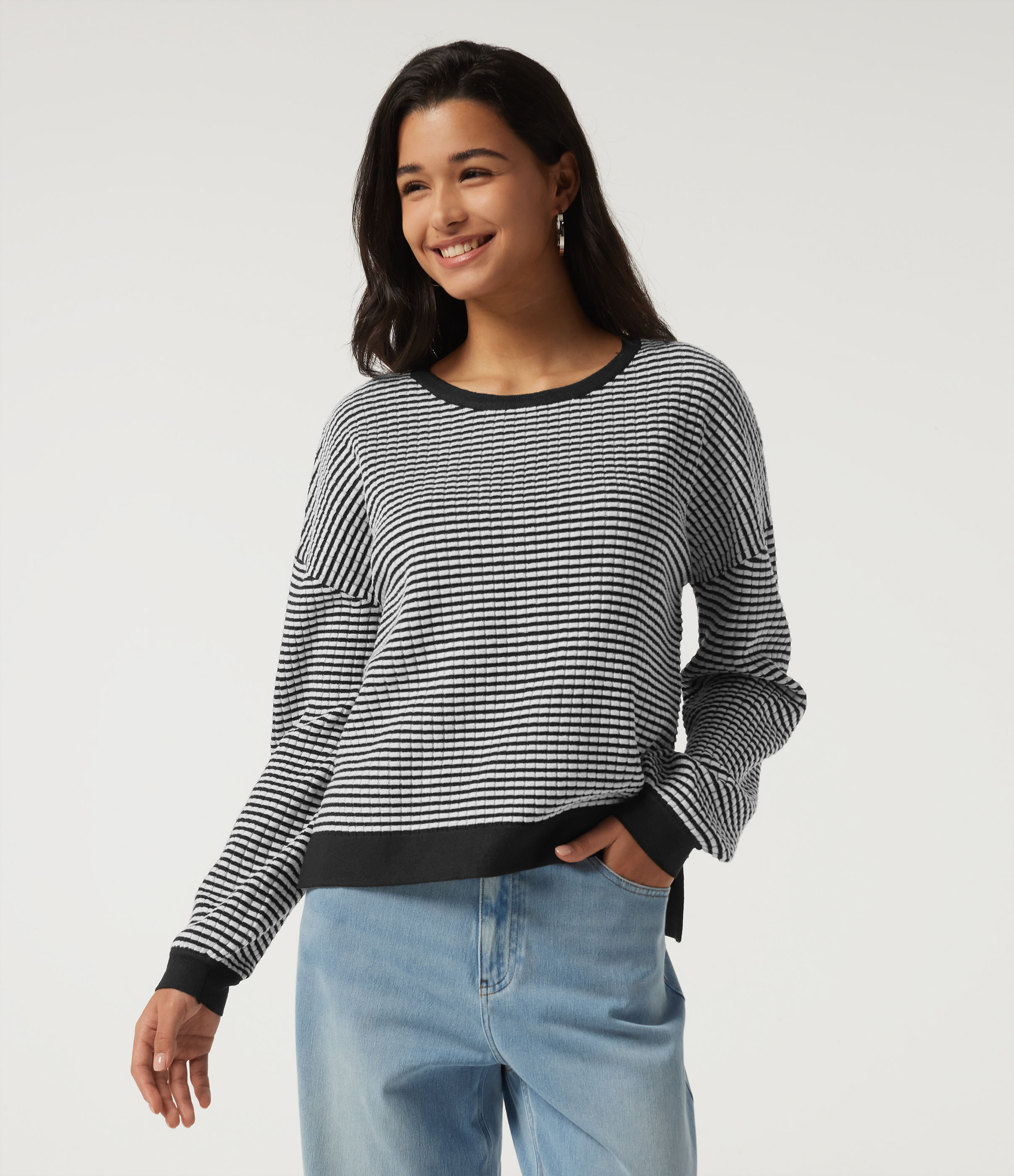 Round Neck Long Sleeve Stripe Waffle Casual Sweater