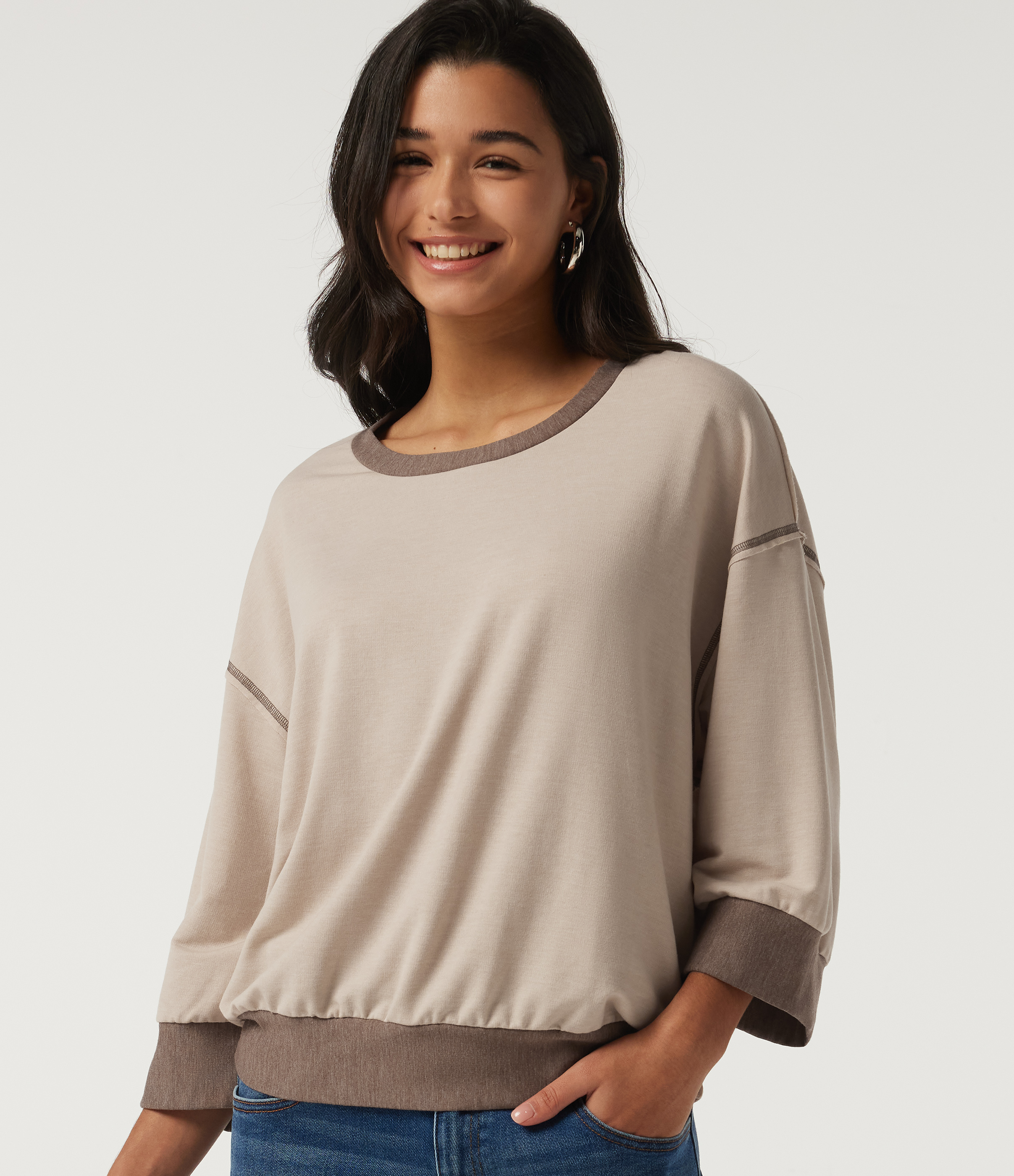 Round Neck 7/8 Sleeve Color Block Casual Sweatshirt