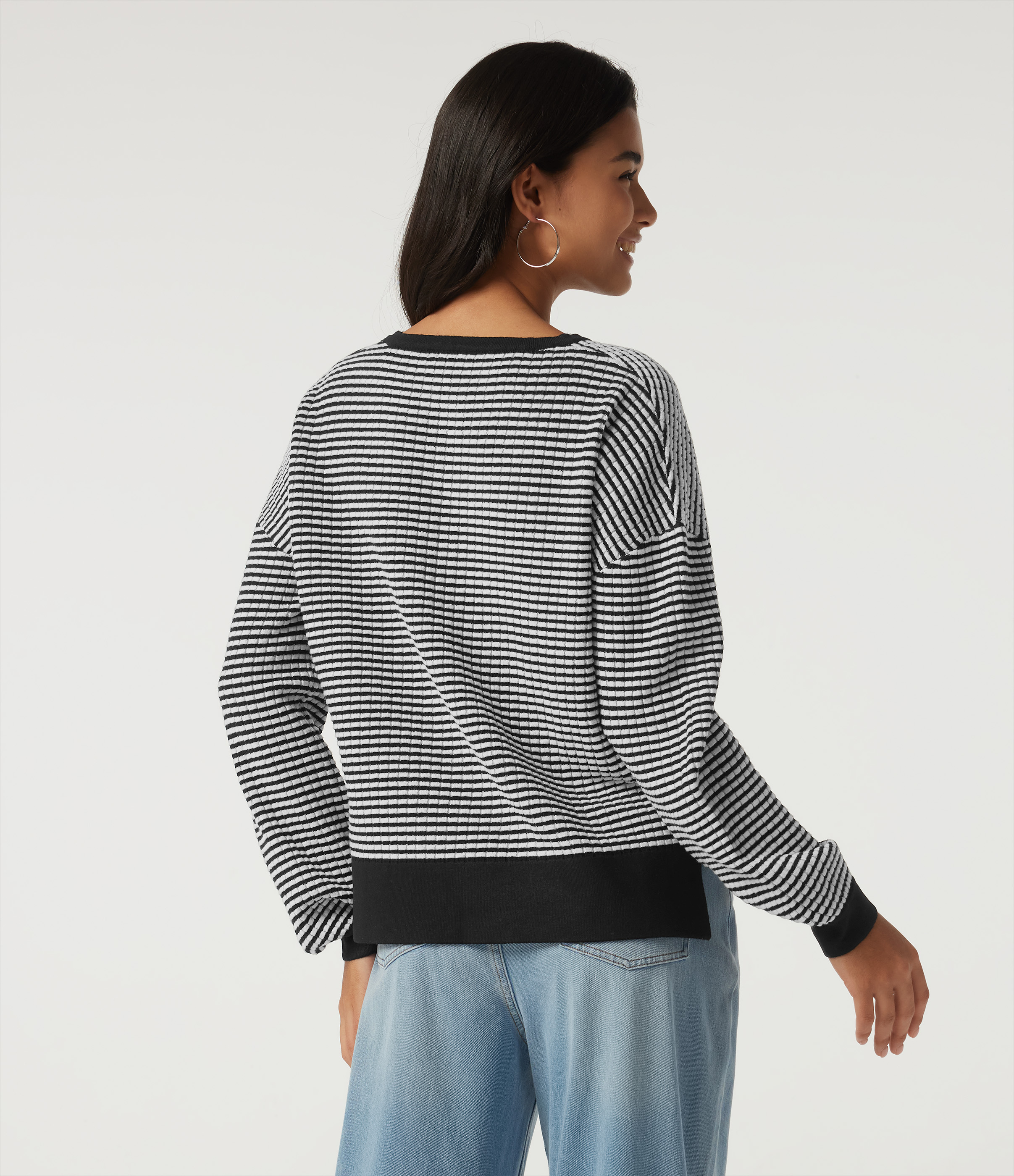Black Rib Stripe Round Neck Long Sleeve Stripe Waffle Casual Sweater / 2