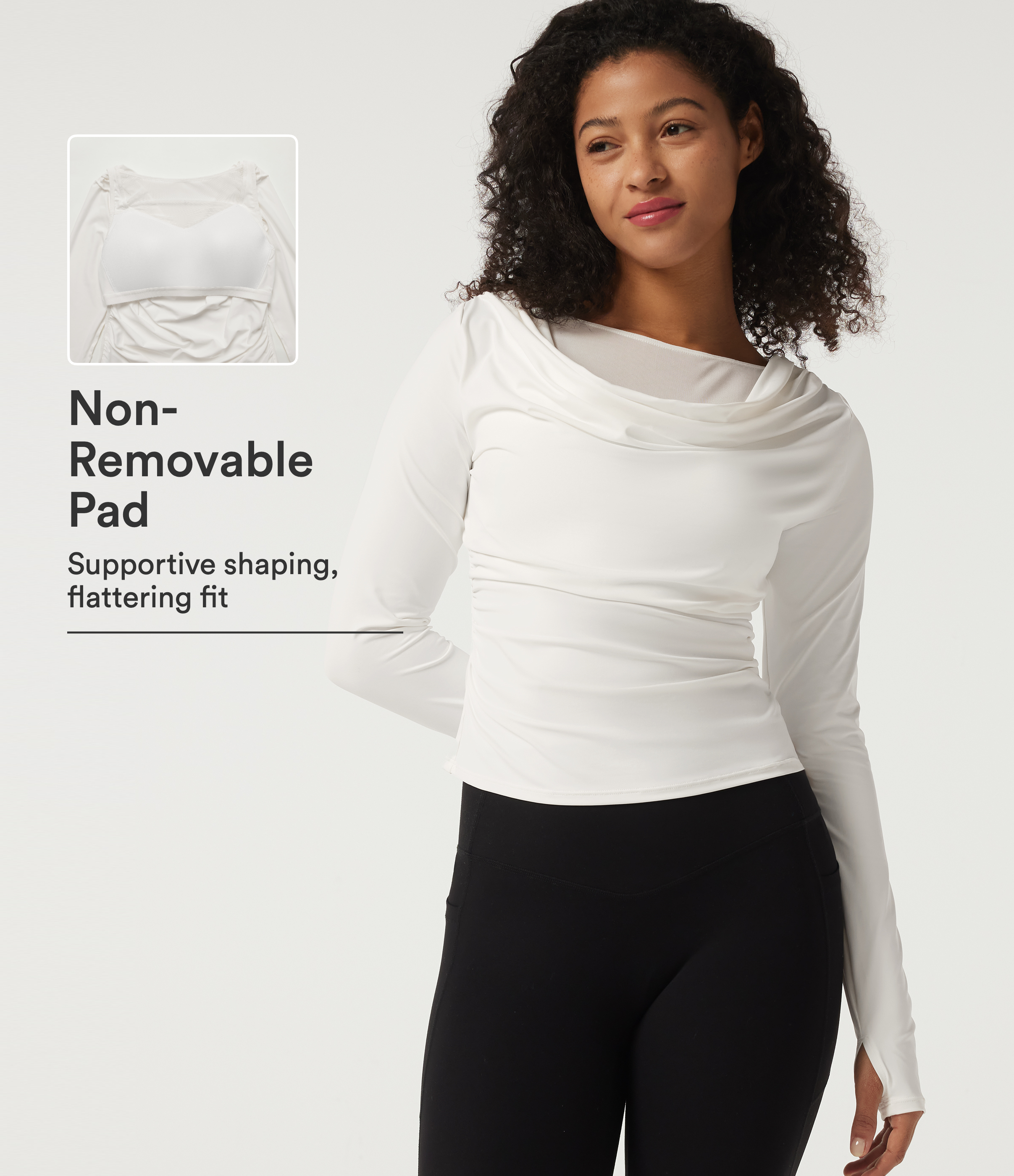 Boat Neck Long Sleeve Ruched Contrast Mesh Yoga Sports Top with Built-in Bra and Thumb Holes