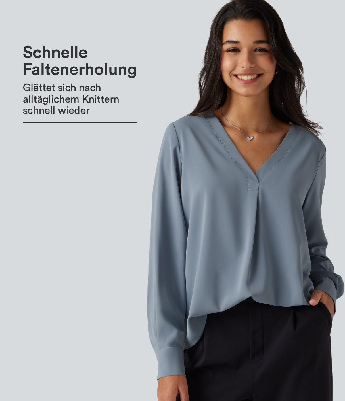 Büro-Bluse mit V-Ausschnitt und langen Ärmeln - selbstglättend