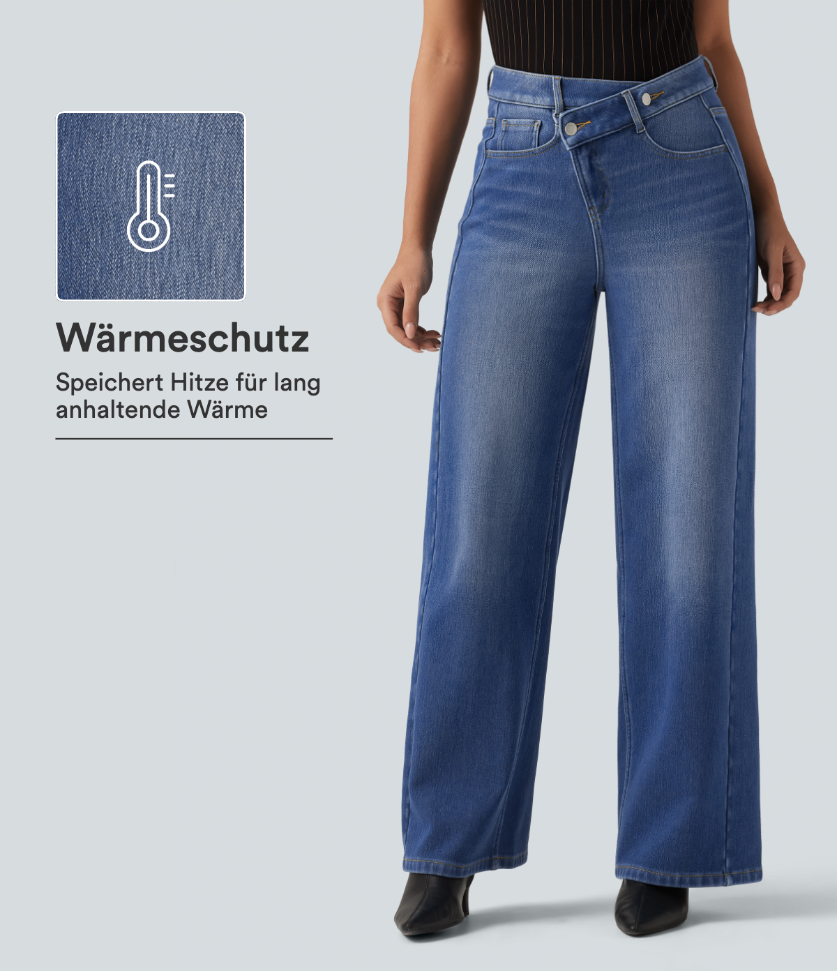 Lässige Fleece-Jeans mit hohem Crossover-Bund, mehreren Taschen und geradem Bein