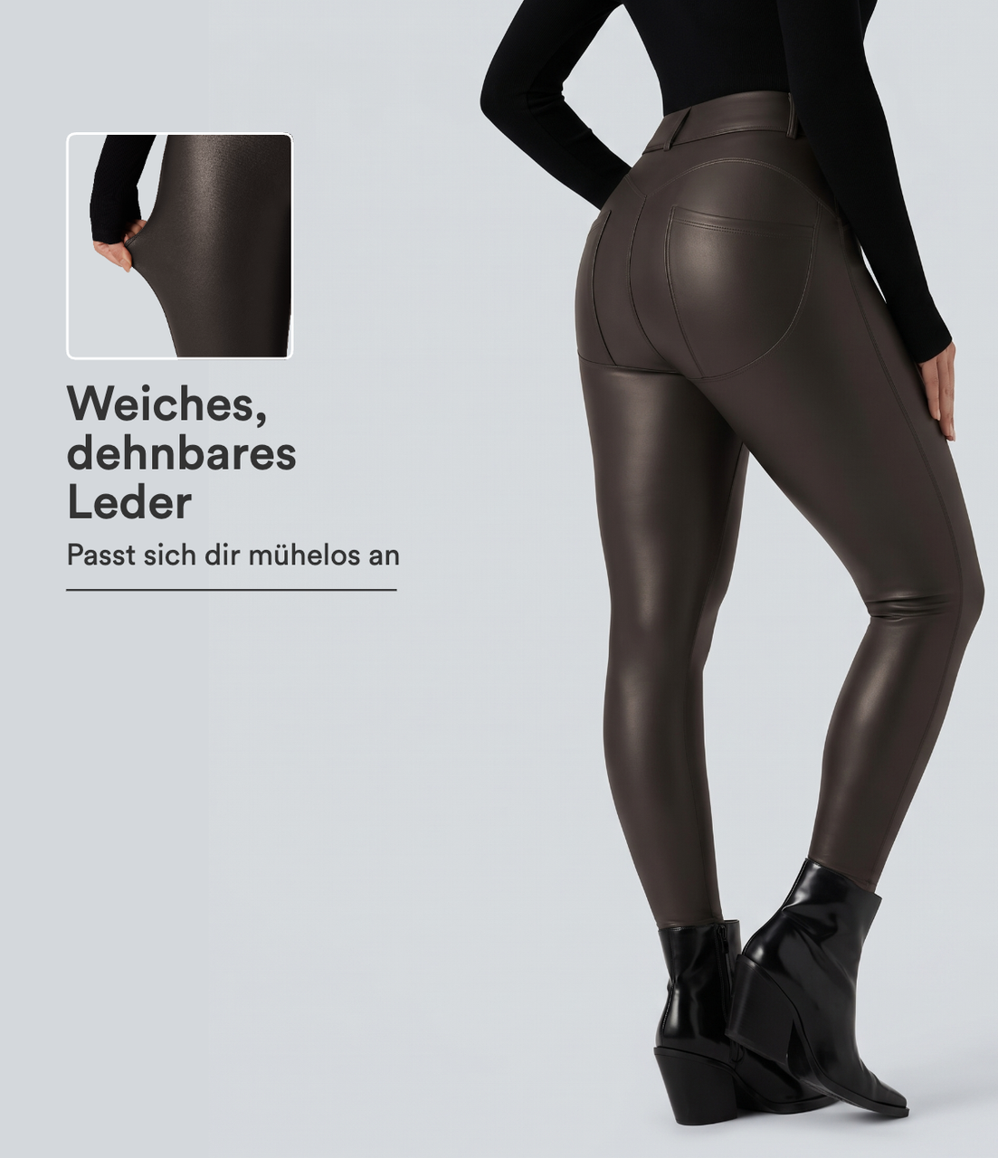 Lässige Fleece-Leggings aus dehnbarem Kunstleder mit hohem Bund und Gesäßtaschen