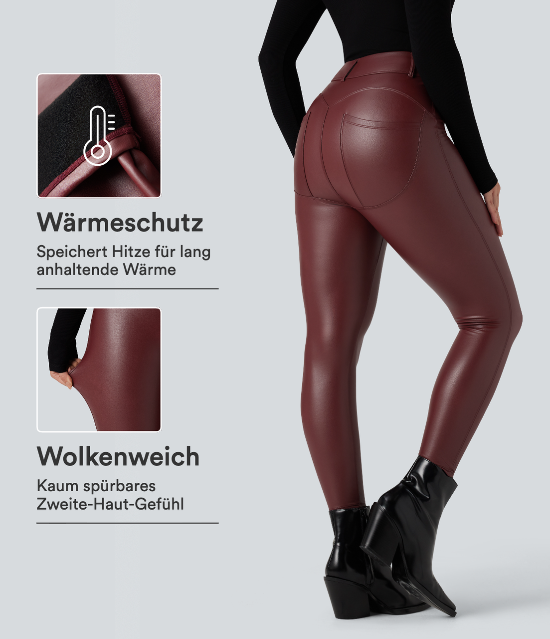 Lässige Fleece-Leggings aus dehnbarem Kunstleder mit hohem Bund und Gesäßtaschen