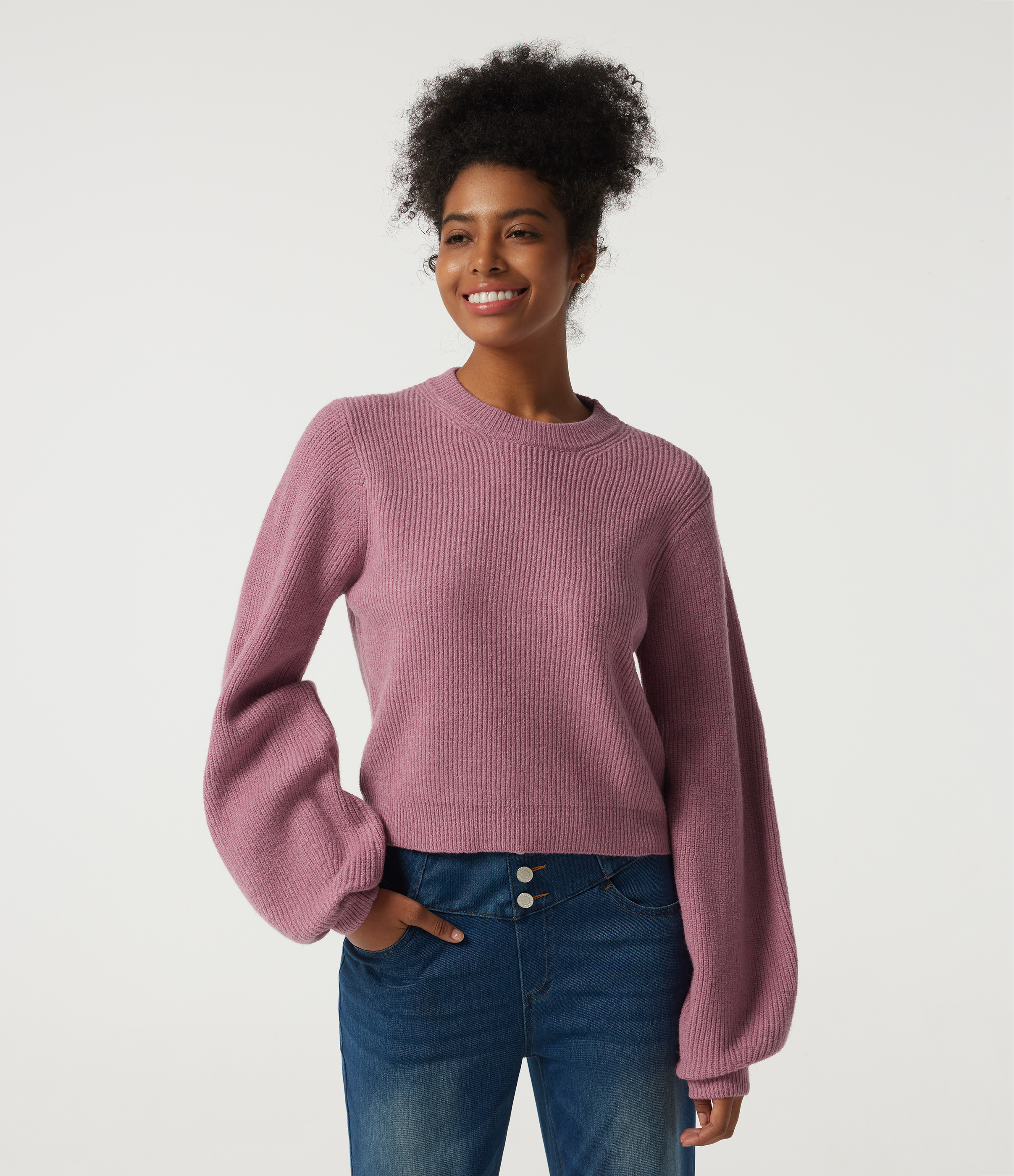 Round Neck Puff Long Sleeve Casual Sweater