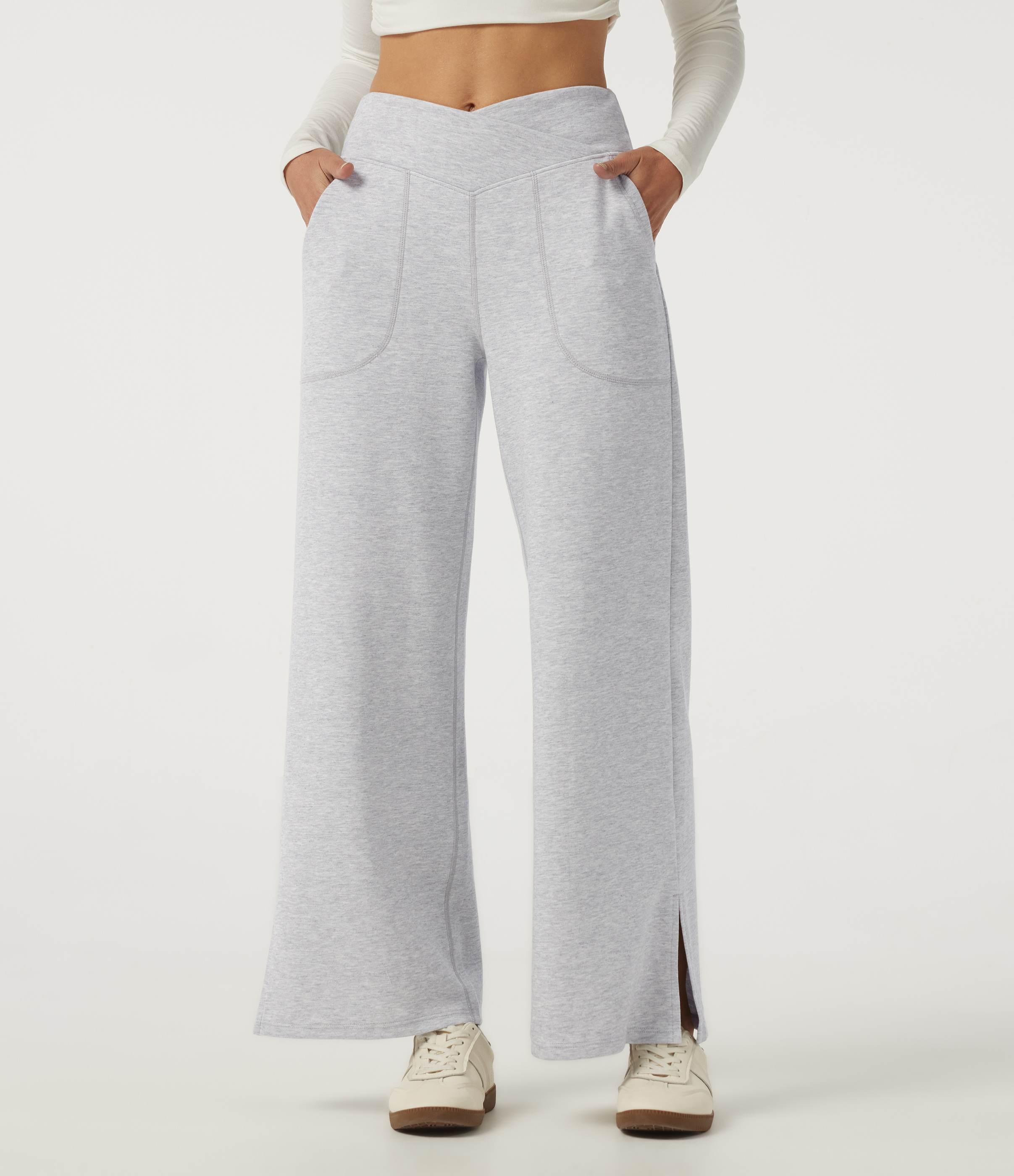 Hazy Day Grey Mid Rise Crossover Wide Leg Split Hem Casual Cotton Sweatpants with Pockets / 1