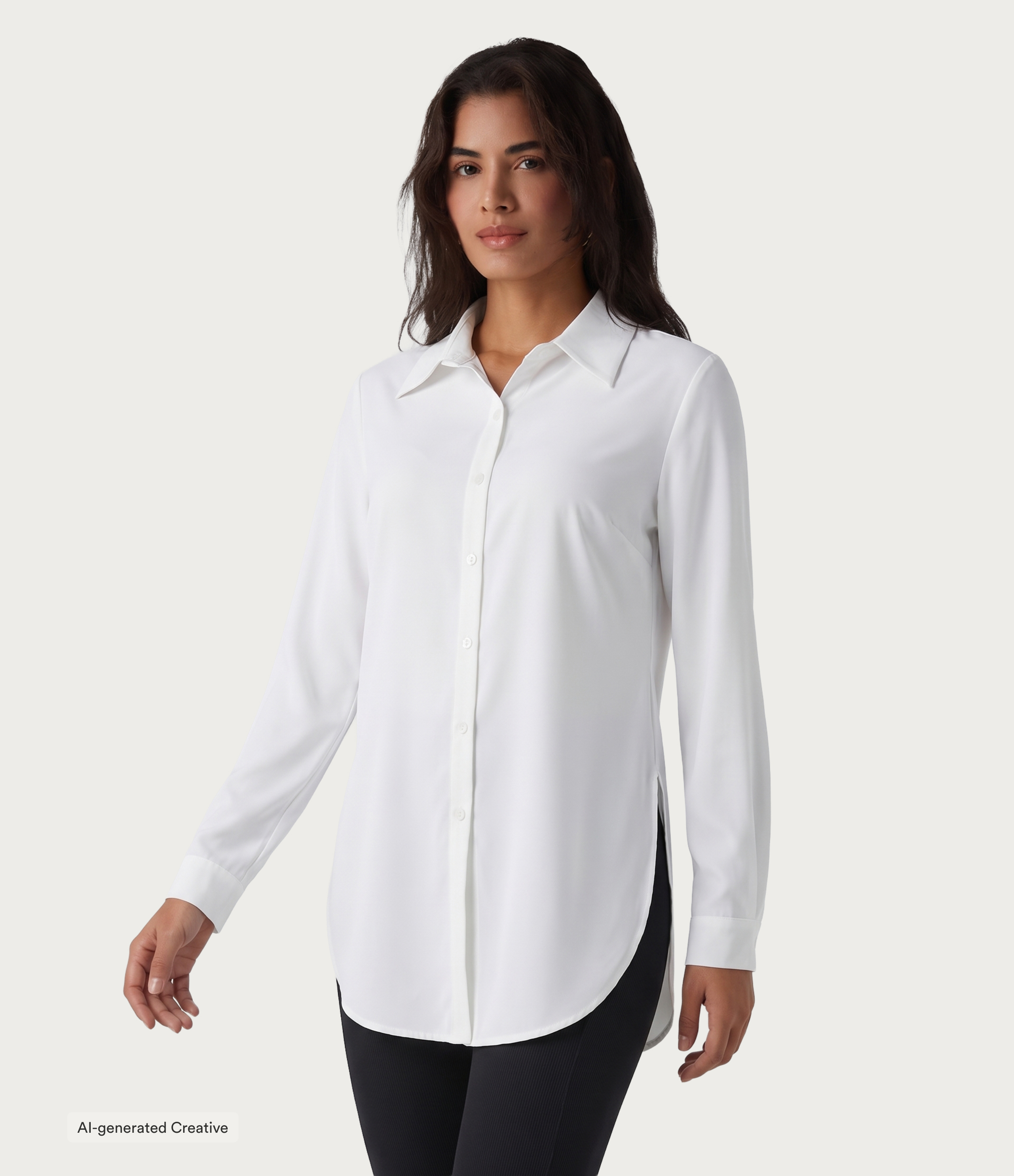 Blanco Camisa de trabajo de manga larga con dobladillo curvo y tejido resistente a las arrugas / 1