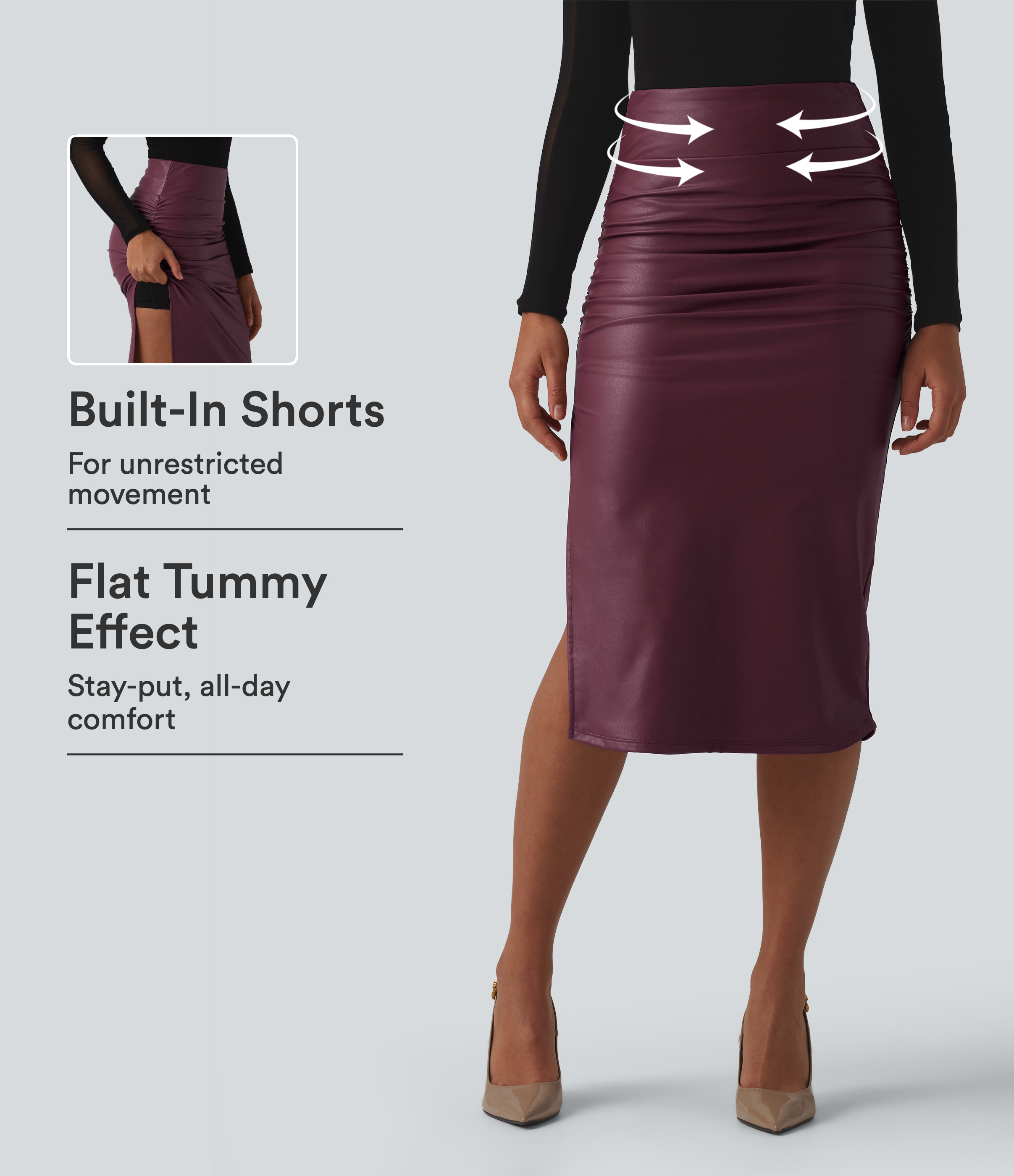 High Waisted Tummy Control Ruched Curved Hem 2-in-1 Fleece PU Midi Casual Skirt