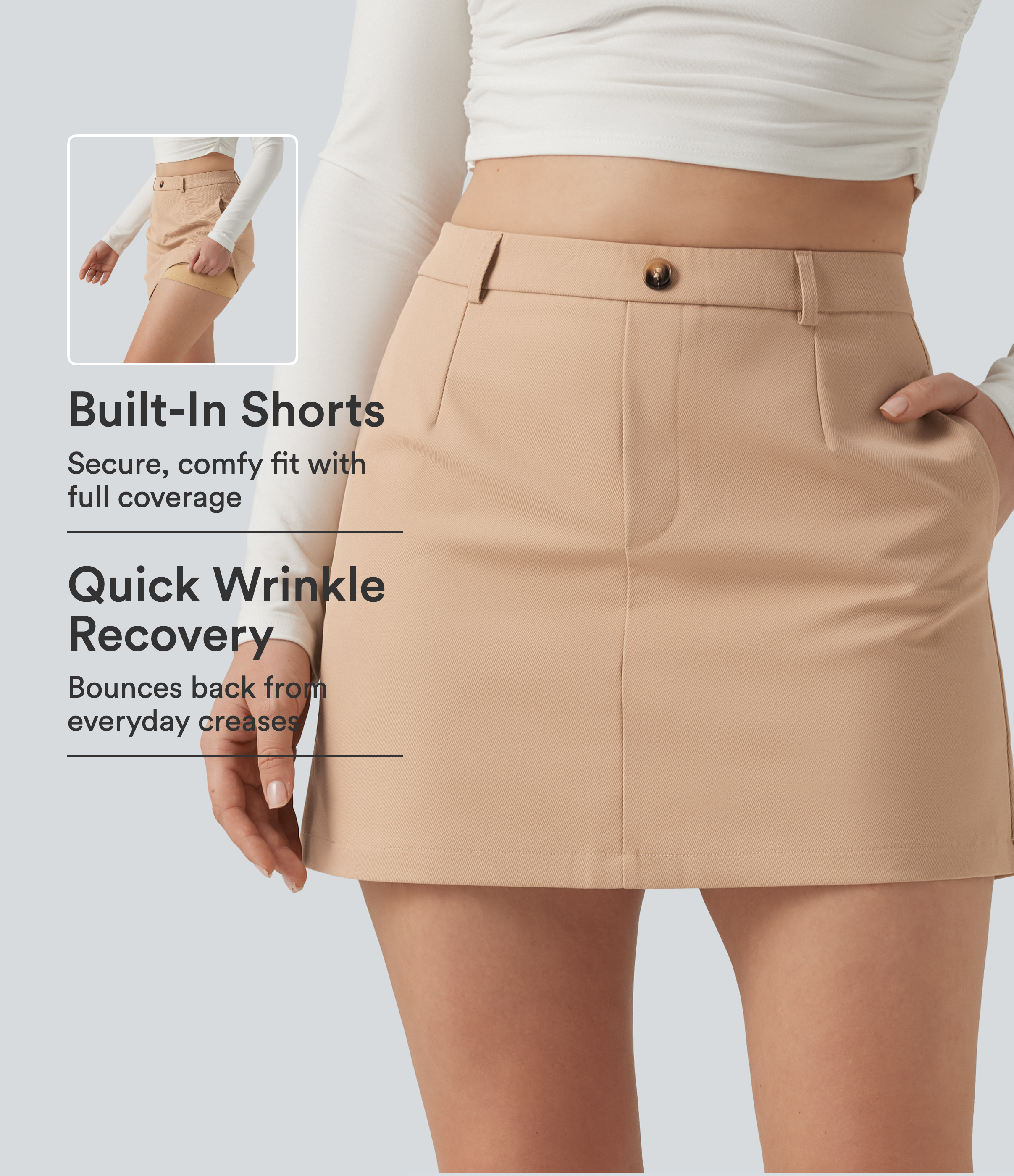 Candied Ginger High Waisted A-Line Wrinkle Recovery Work Mini Skirt with Built-in Shorts and Pockets / 1