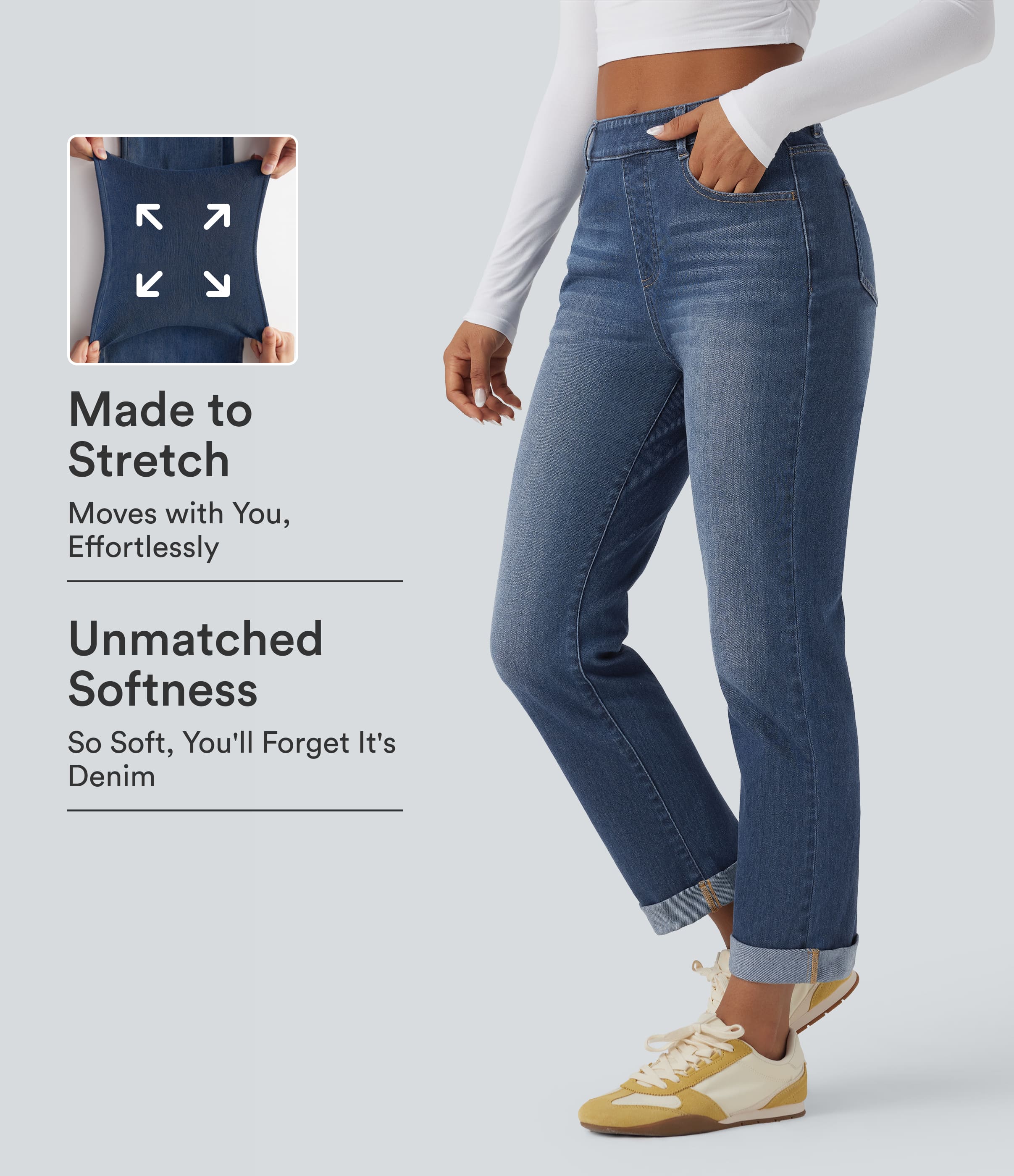 Halara Flex™ High Waisted Rolled Hem Casual Slim Jeans with Pockets