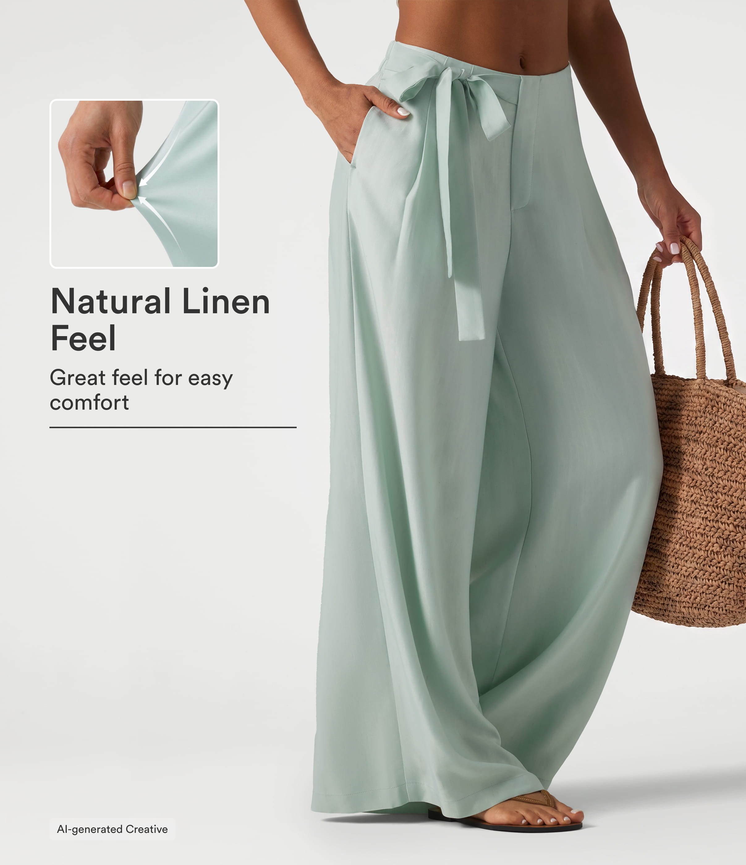 High Waisted Tie Side Baggy Linen-Blend Pants with Pockets