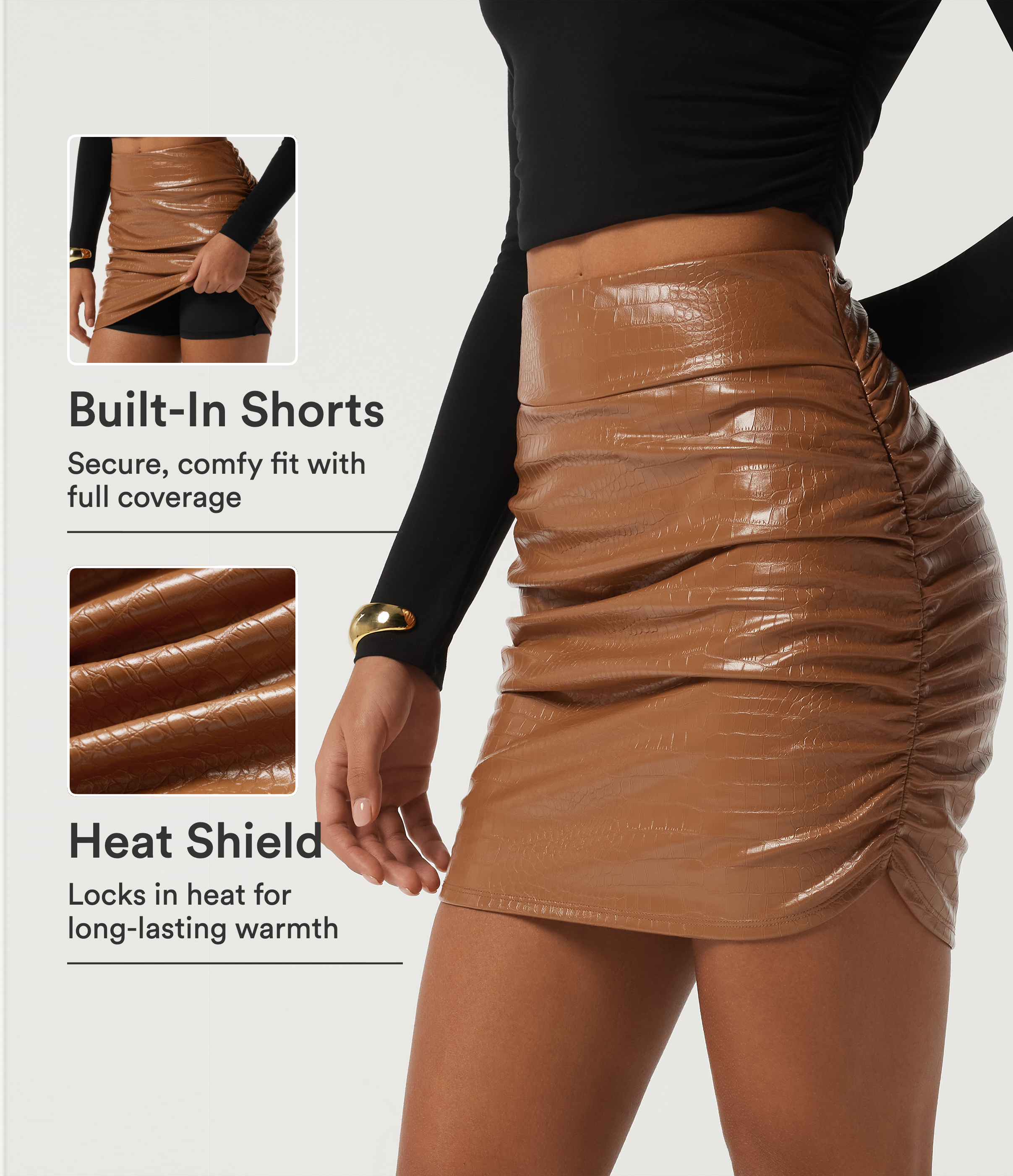High Waisted Snakeskin Print Stretchy PU Fleece Party Mini Skirt with Built-in Shorts