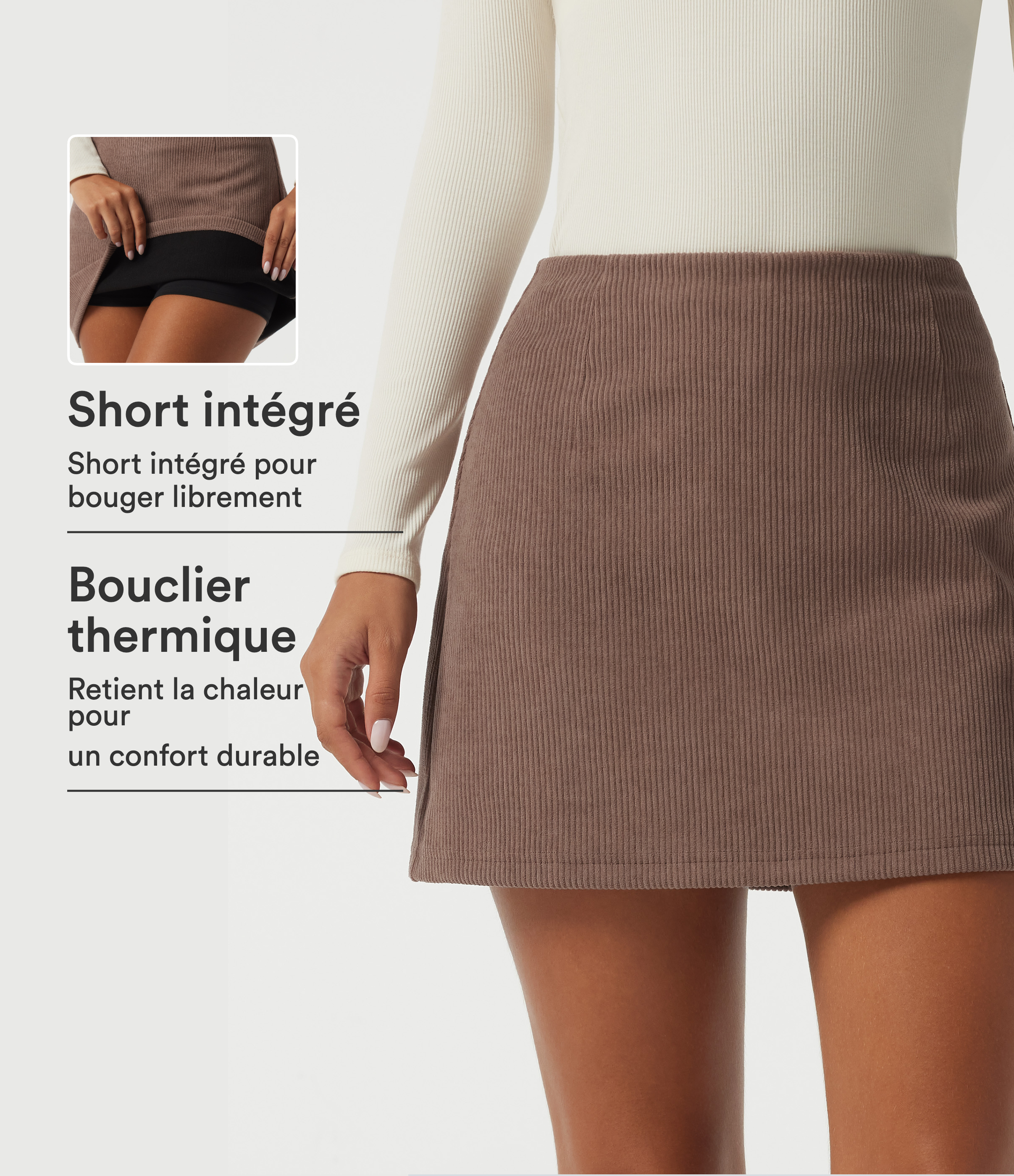 Jupe-short 2-en-1 en velours côtelé taille haute coupe trapèze