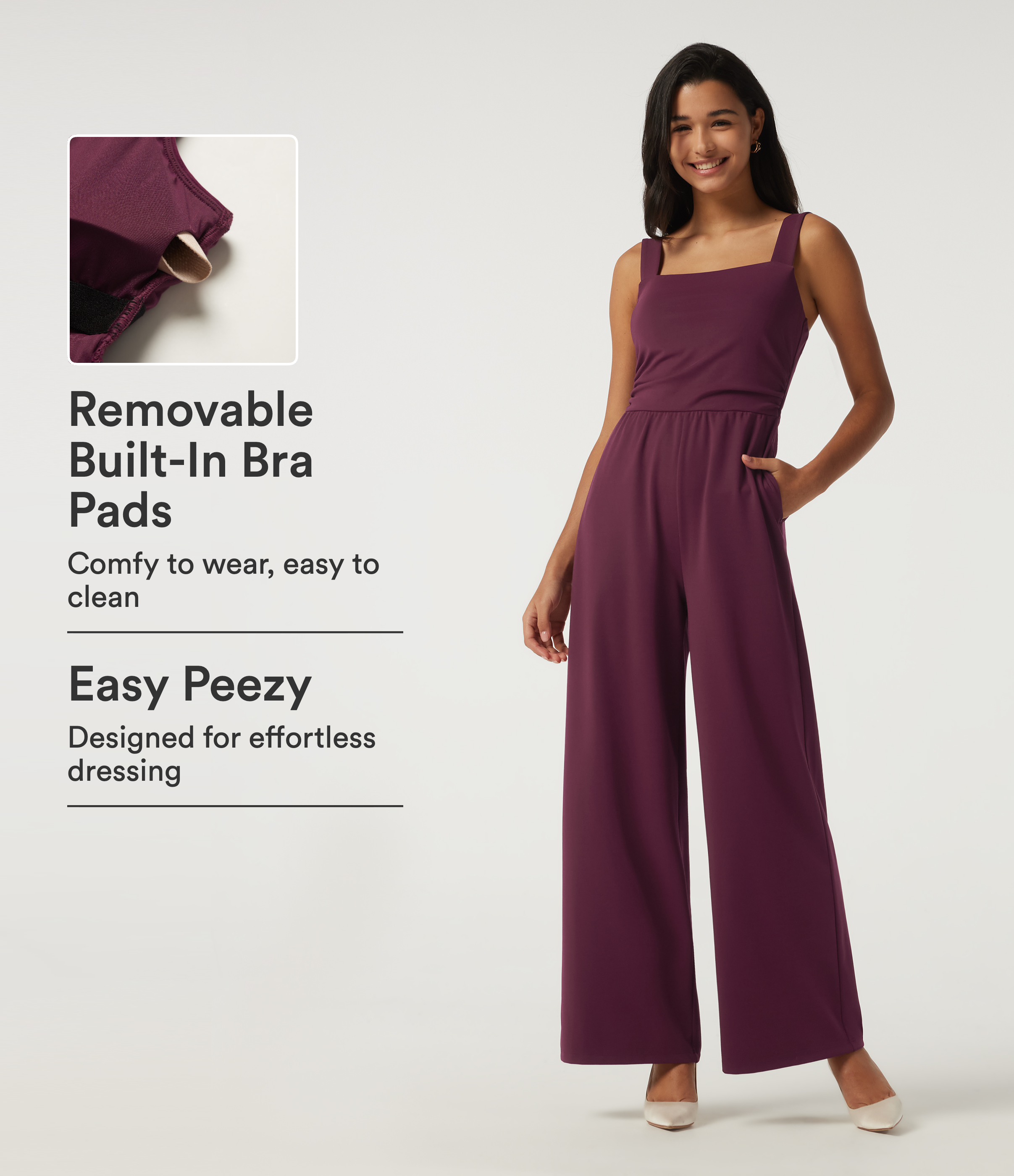 Mouwloze feestjumpsuit met vierkante hals, wijde pijpen, zakken en geïntegreerde beha - Easy Peezy Edition