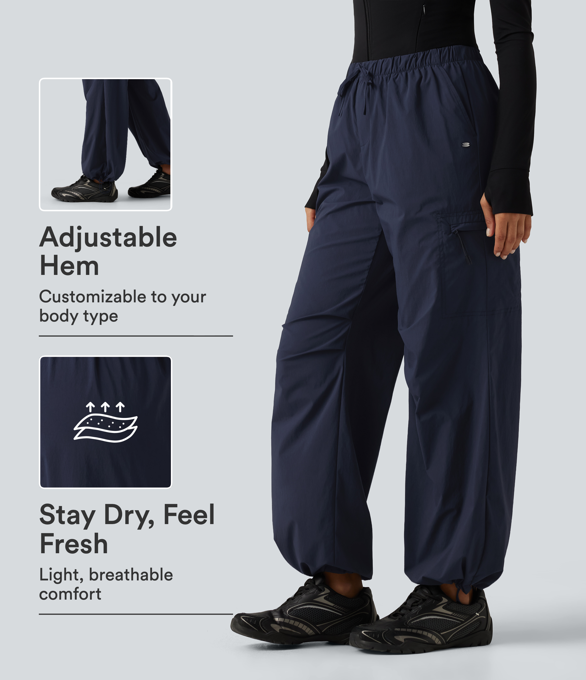 Mid Rise Drawstring Ruched Wide Leg Hiking Pants with Pockets