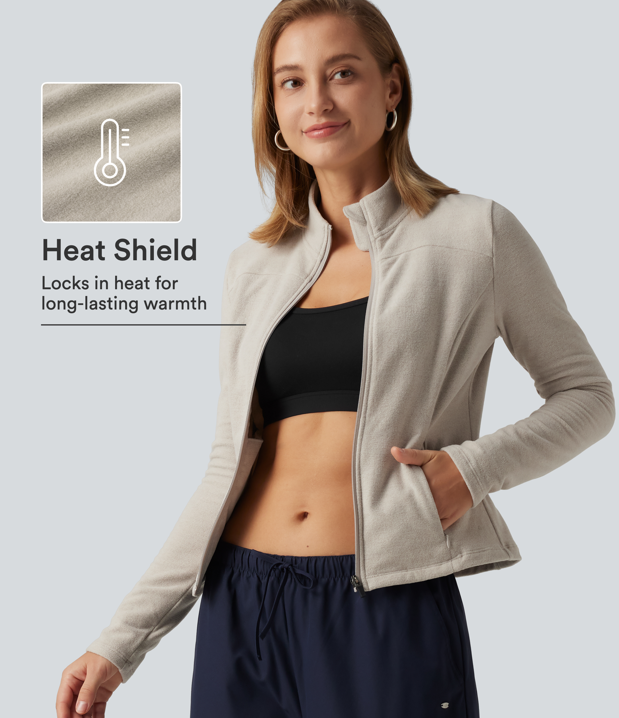 Stand Collar Long Sleeve Fleece Casual Jacket with Pockets