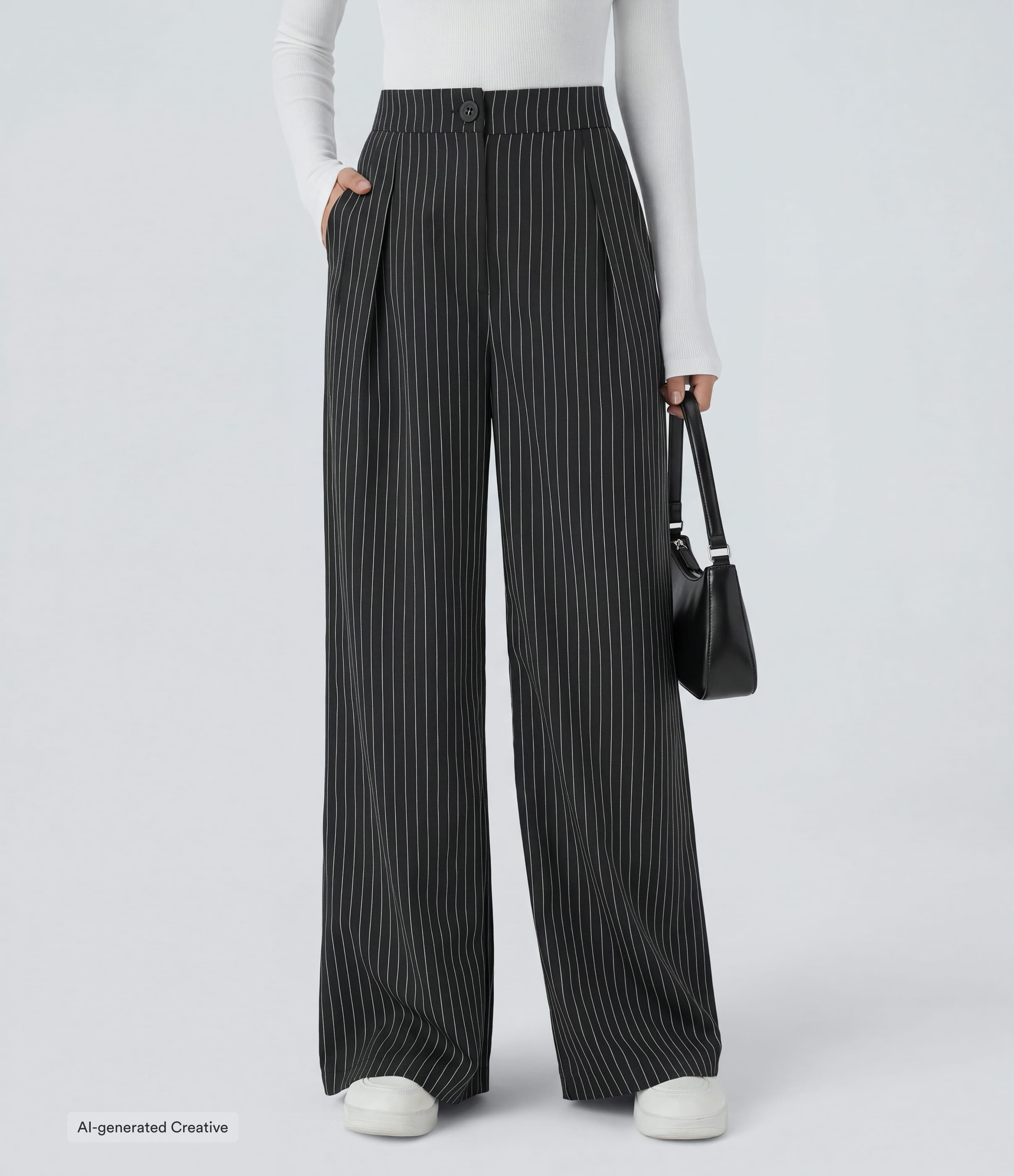 Black High Waisted Zipper Pocket Wide Leg Striped Work Trousers / 1