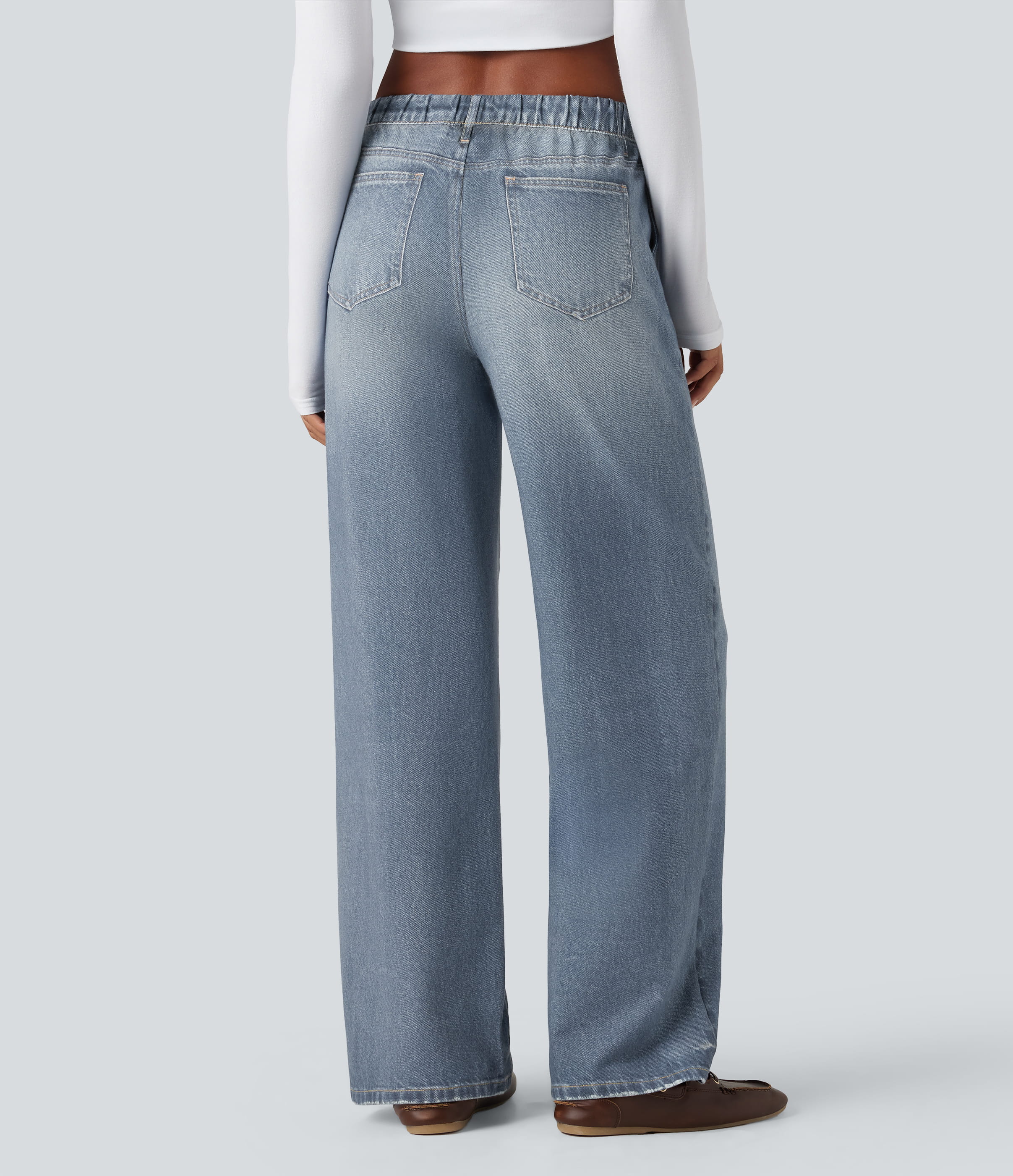 Light Ocean Denim Mid Rise Denim Print French Terry Casual Sweatpants Jeans with Pockets / 2