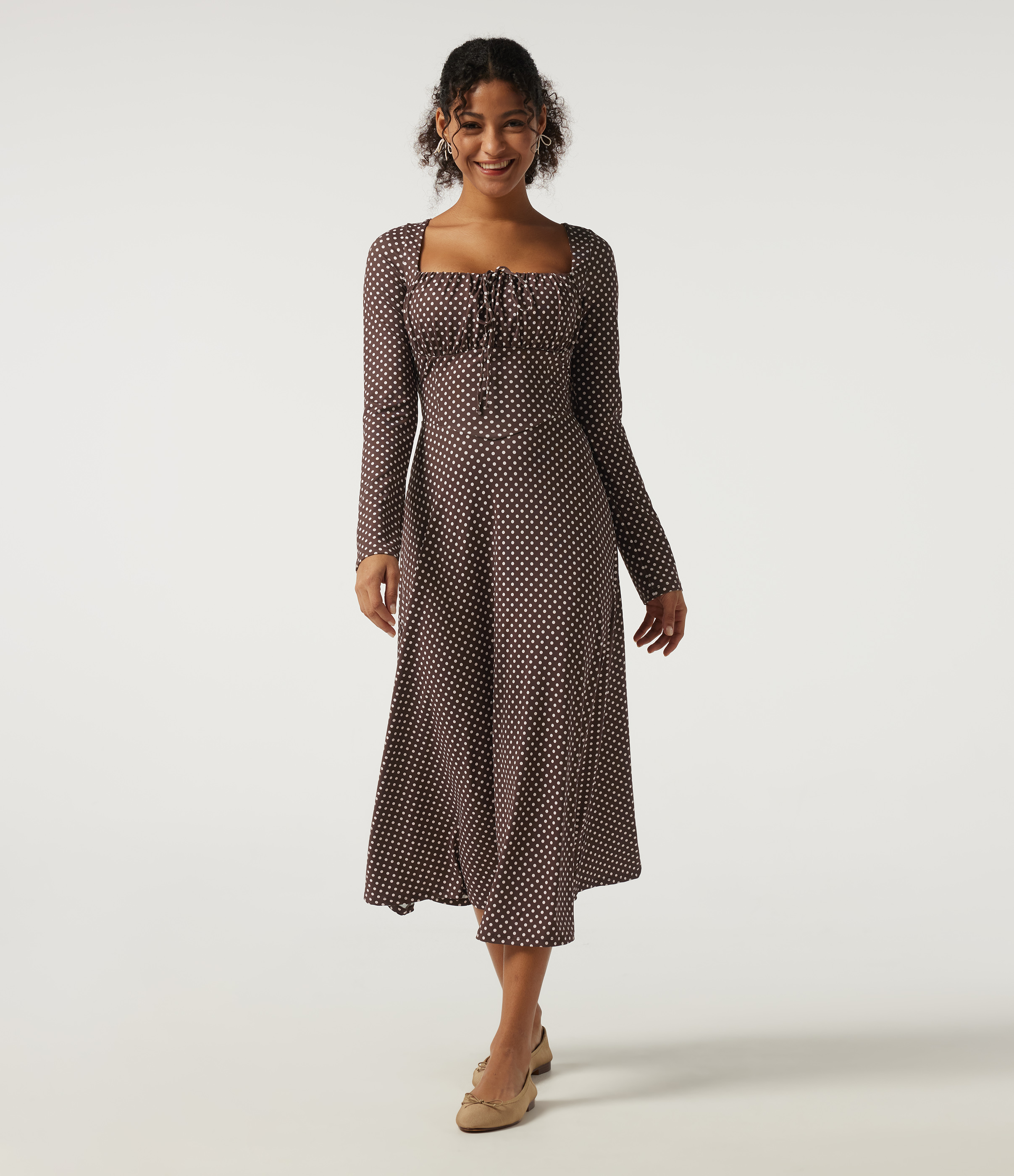 Square Neck Polka Dot Long Sleeve Built-In Bra A-Line Milkmaid Midi Resort Dress