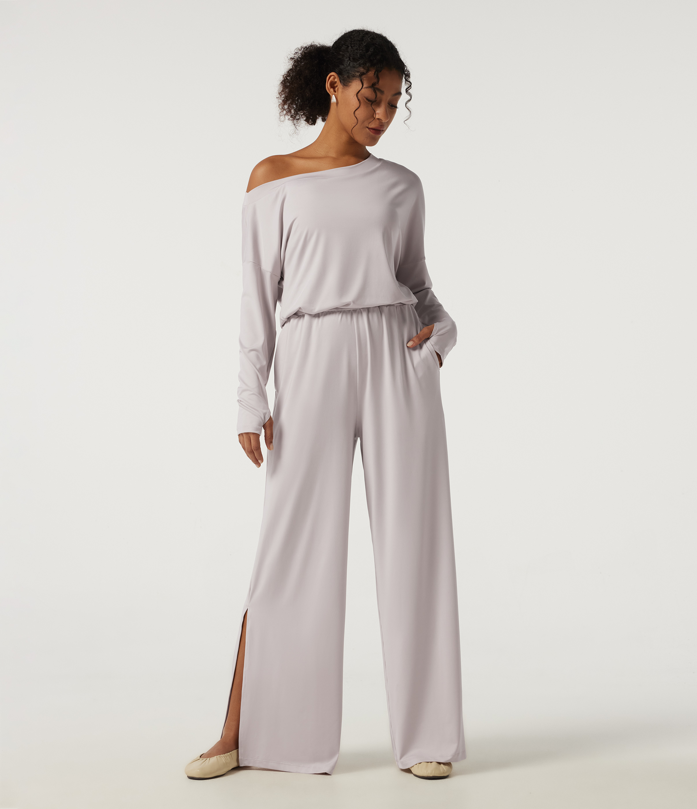 One Shoulder Long Sleeve Wide Leg Casual Jumpsuit with Built-in Bra and Pockets -Easy Peezy Edition
