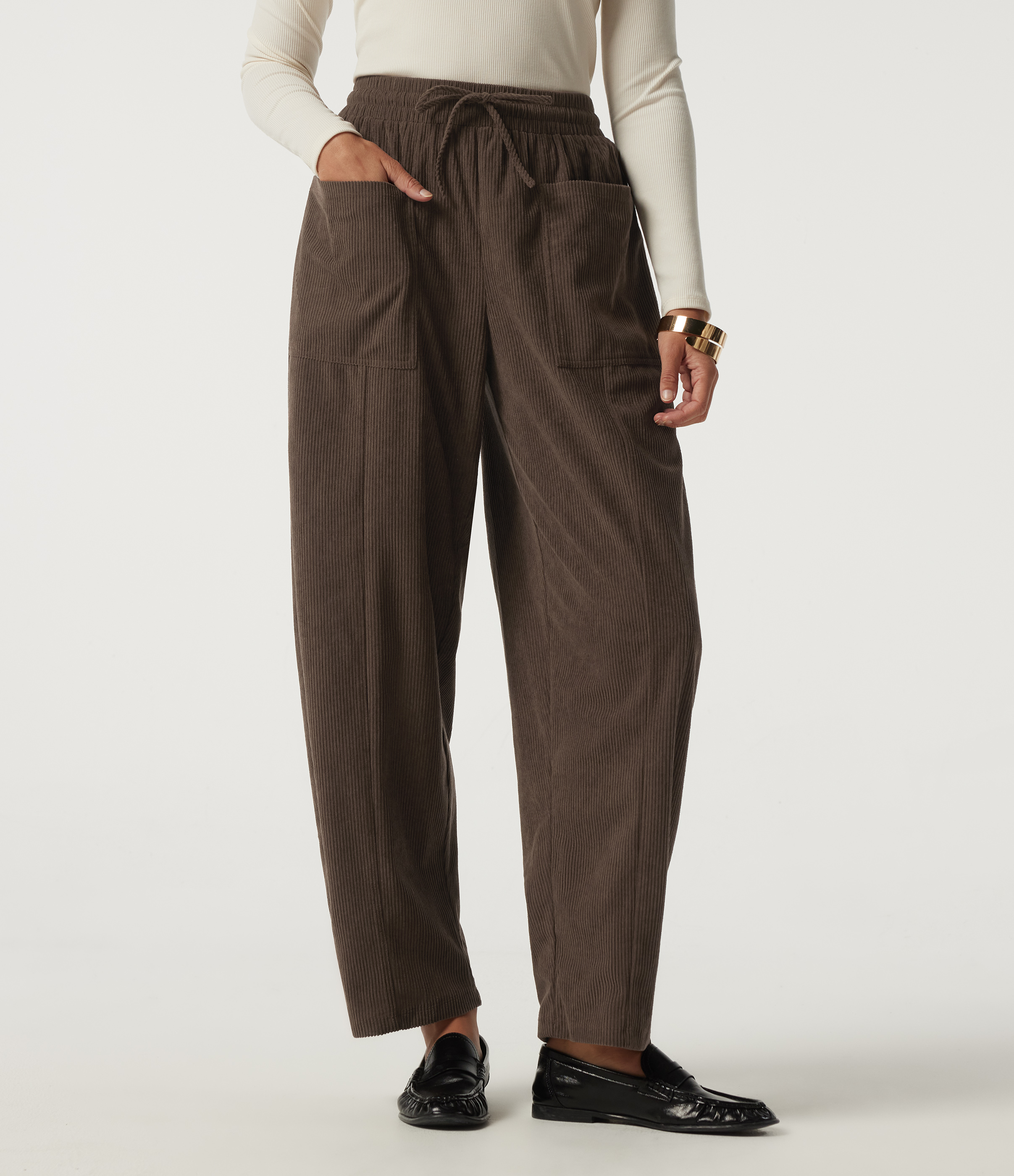 High Waisted Drawstring Tapered Corduroy Casual Pants with Pockets