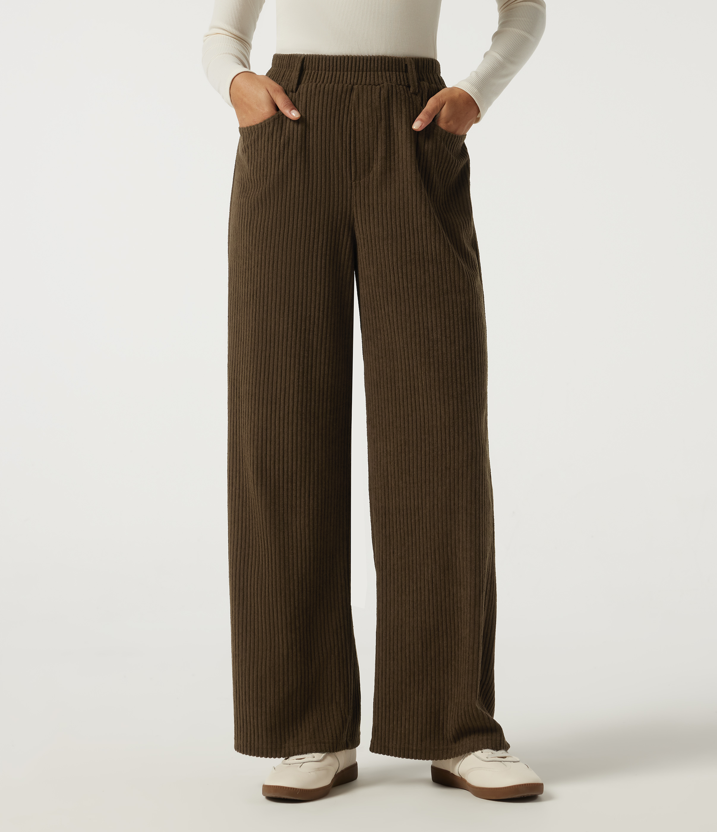 High Waisted Straight Leg Corduroy Casual Pants with Pockets