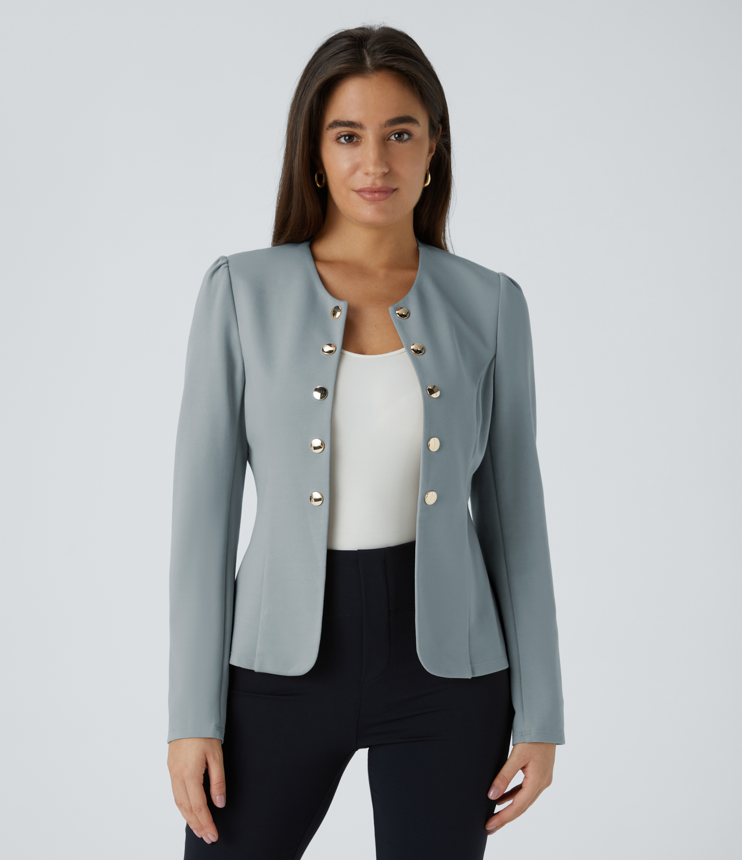 Halara Chaqueta oficina ajustada botón decorativo manga larga cuello redondo - Coastal Morning Mist - XL: retailer-supplied image
