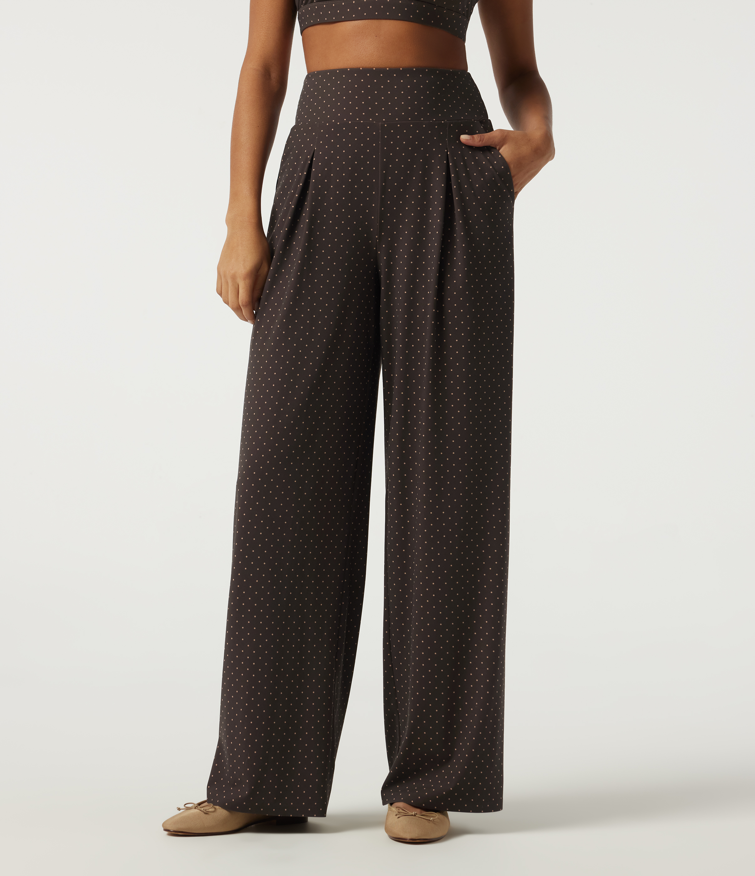 High Waisted Wide Leg Polka Dot Yoga Pants with Pockets