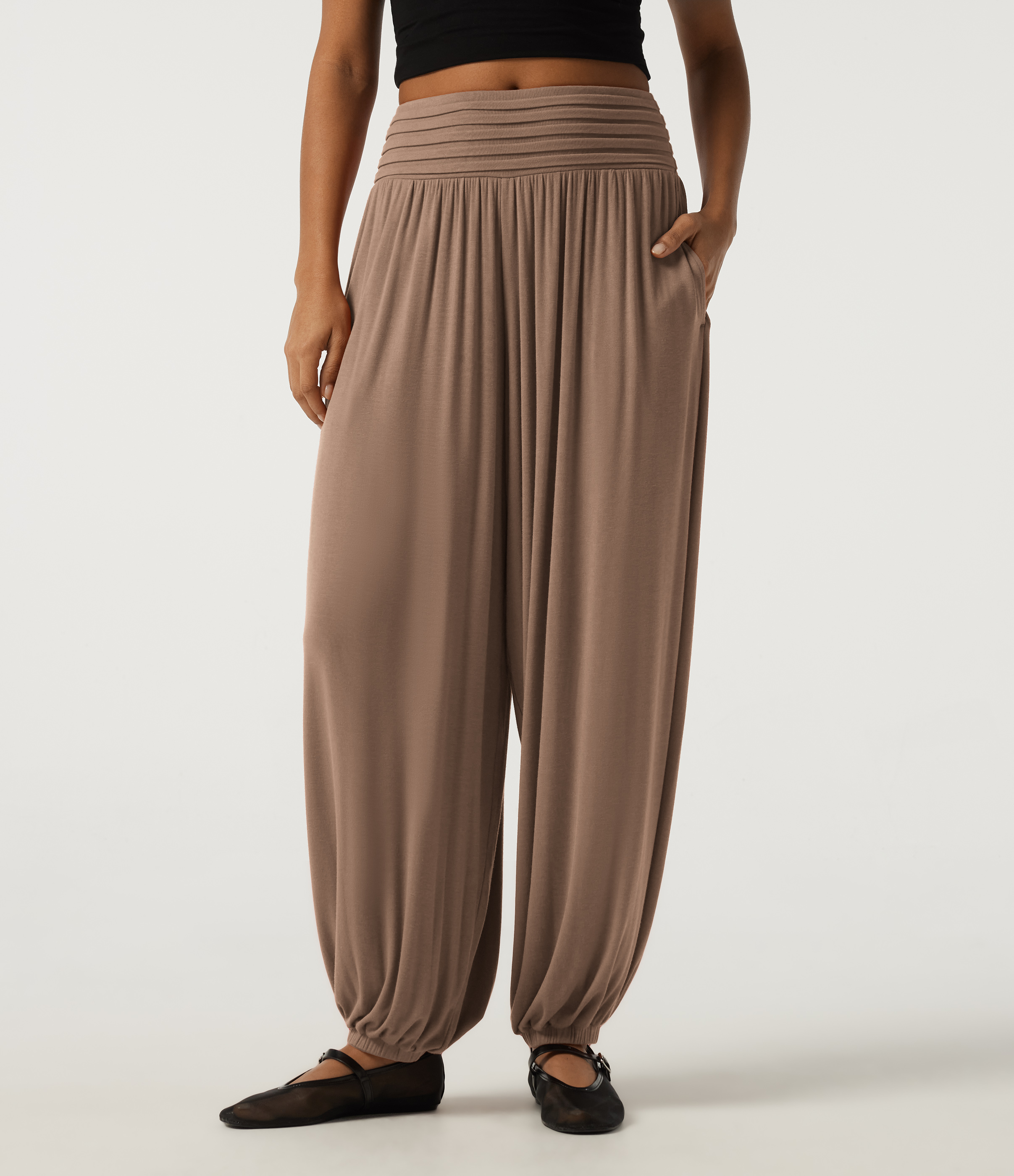 Ribbed Mid Rise Ruched Casual Pants with Pockets