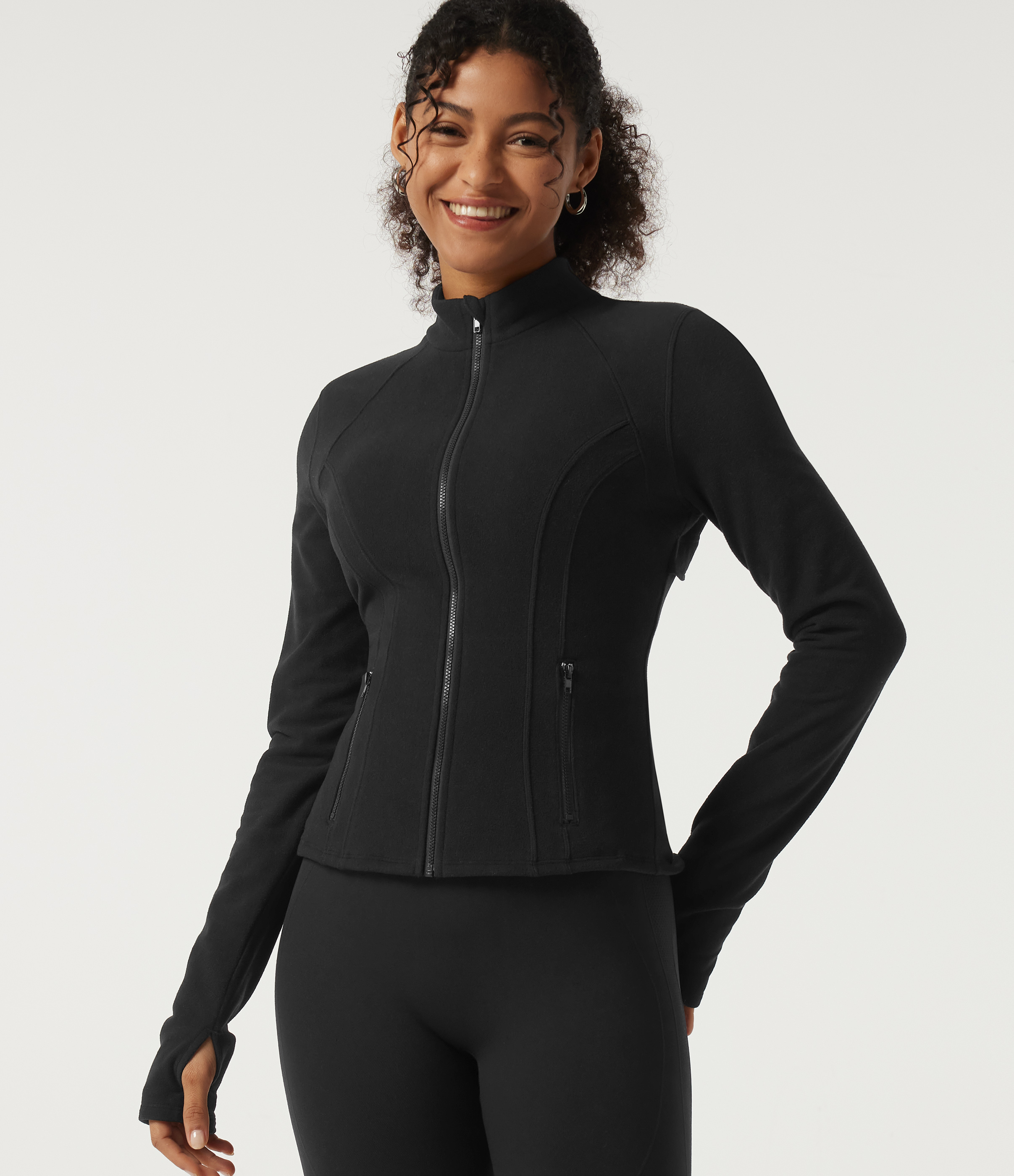 Stand Collar Long Sleeve Fleece Workout Jacket with Pockets and Thumb Holes