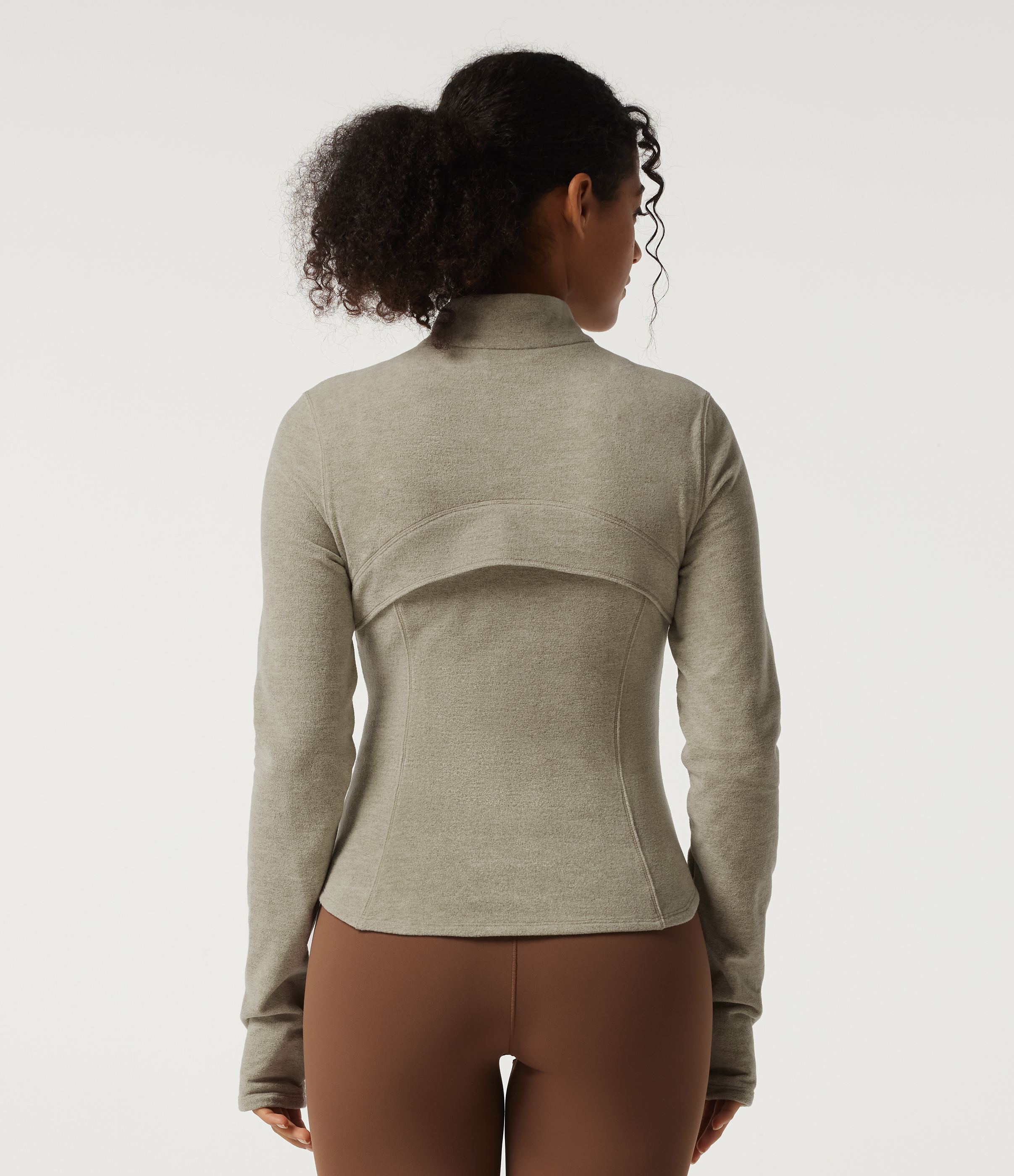 Sage Brush Stand Collar Long Sleeve Fleece Workout Jacket with Pockets and Thumb Holes / 2