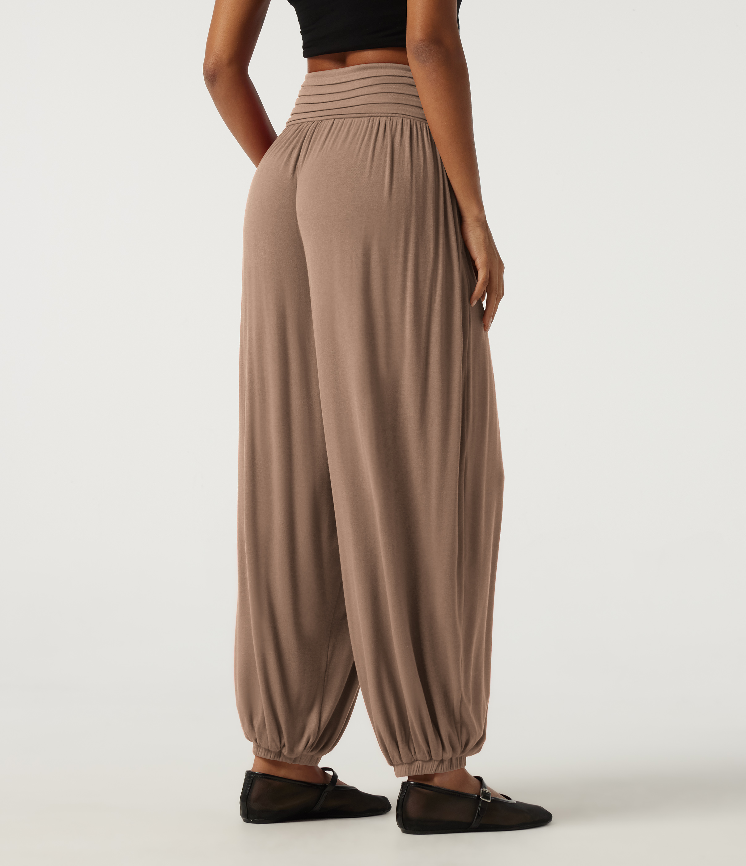 Beaver Fur Ribbed Mid Rise Ruched Casual Pants with Pockets / 2