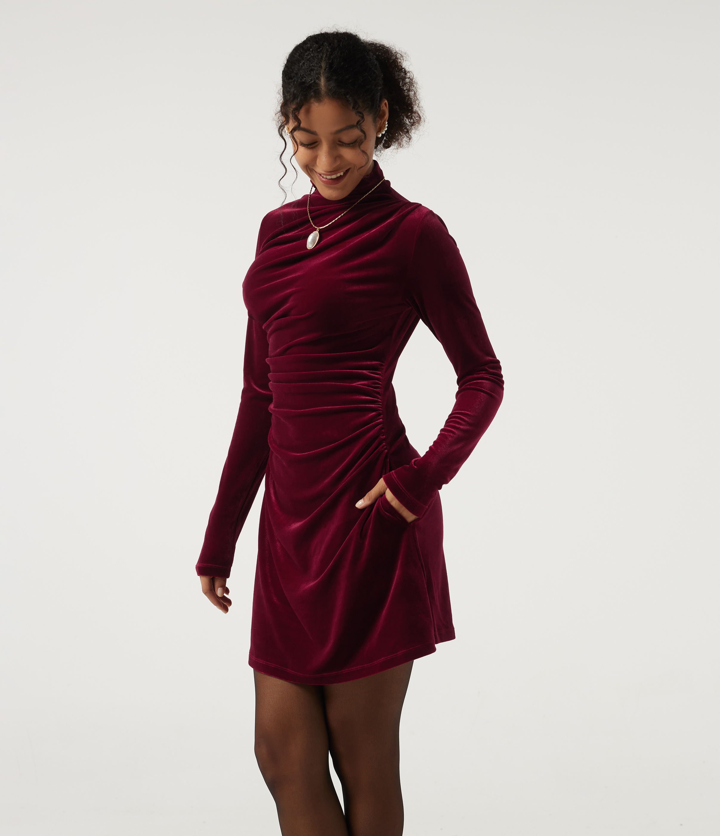 Mock Neck Long Sleeve Ruched Velvet Mini Casual Dress with Pockets