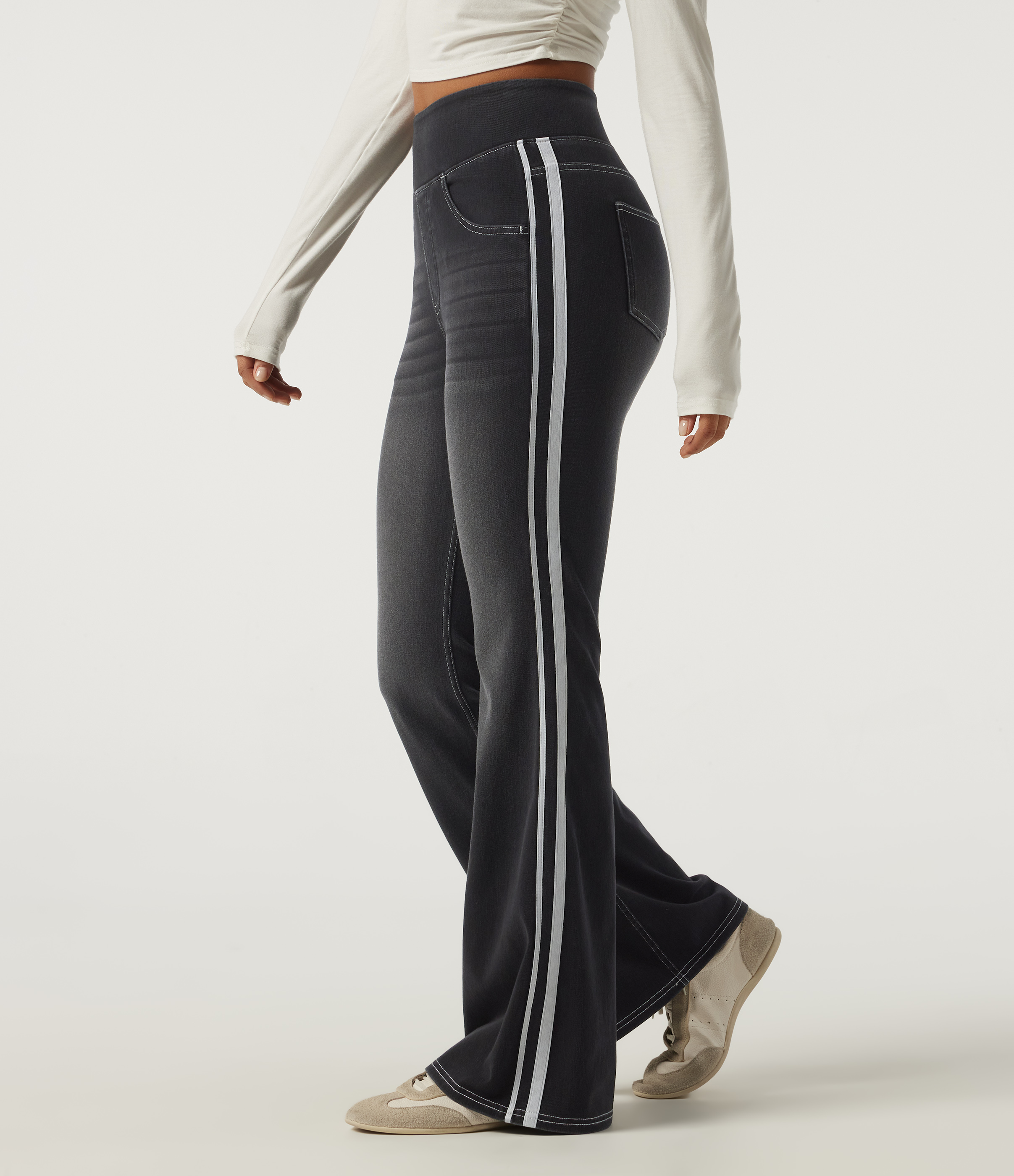 Halara Flex™ High Waisted Stripe Flare Washed Casual Jeans with Pockets