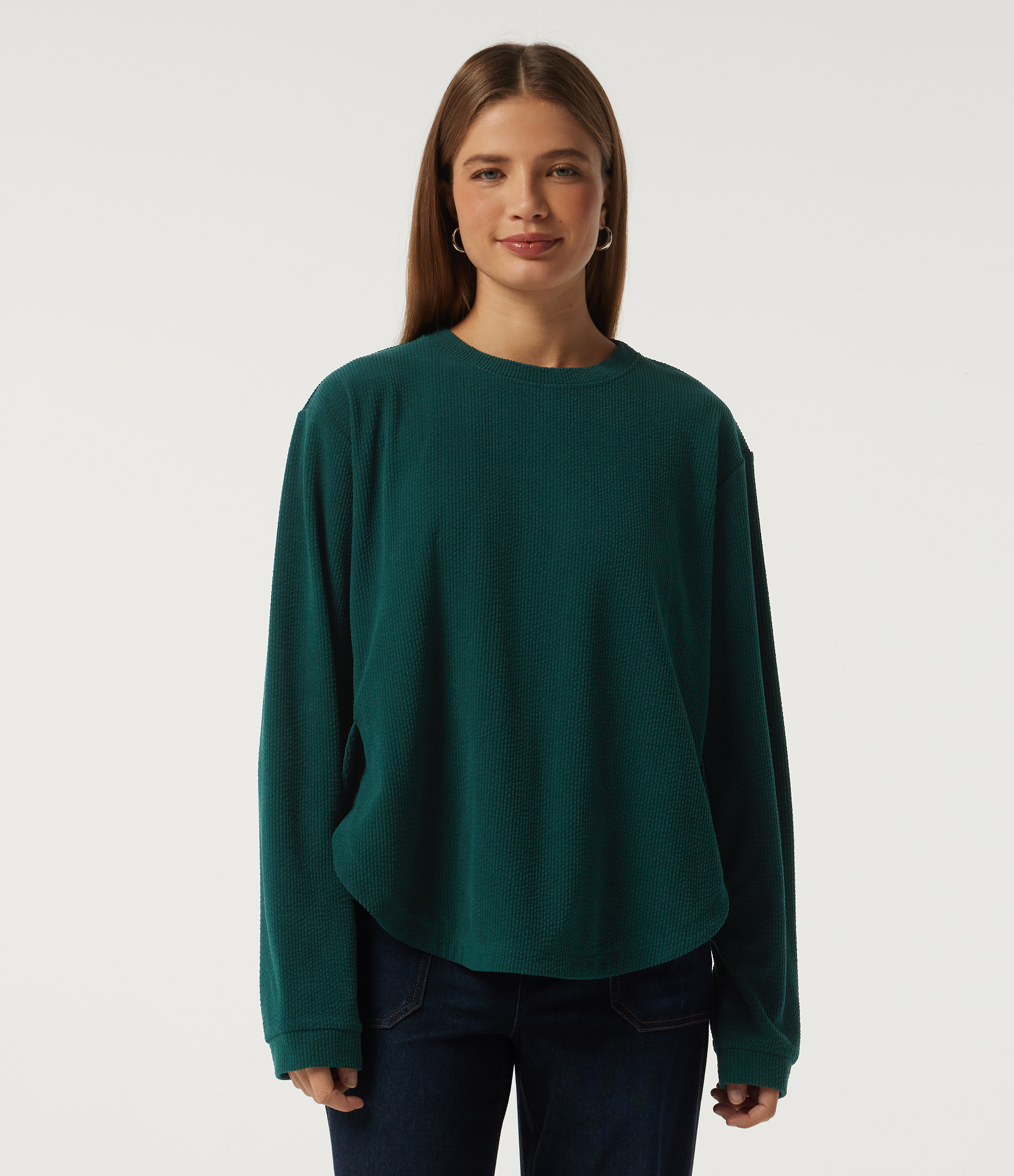Round Neck Long Sleeve Curved Hem Corduroy Casual Sweatshirt