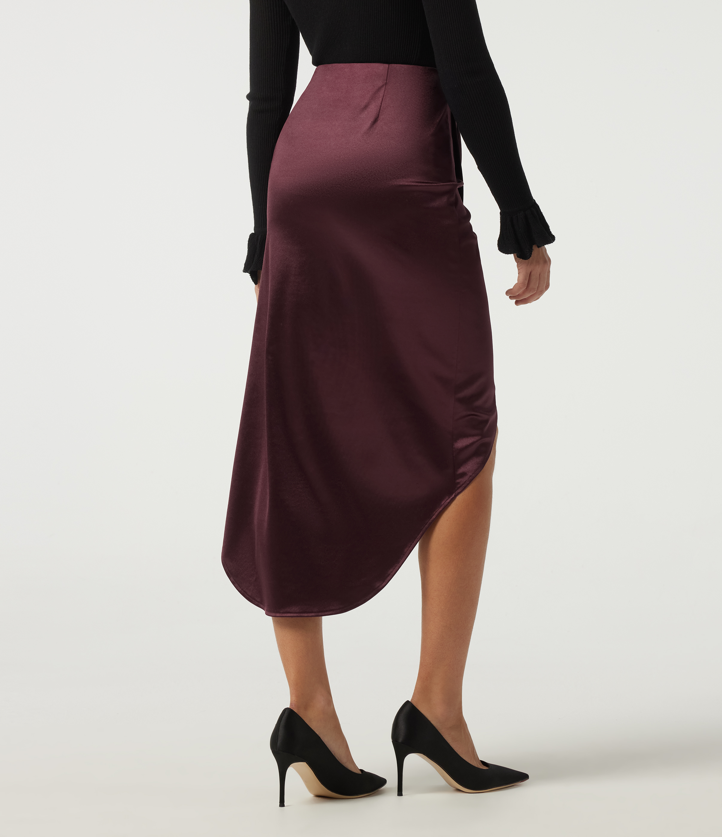 Zinfandel High Waisted Asymmetric Ruched Split Pencil Satin Party Midi Skirts / 2