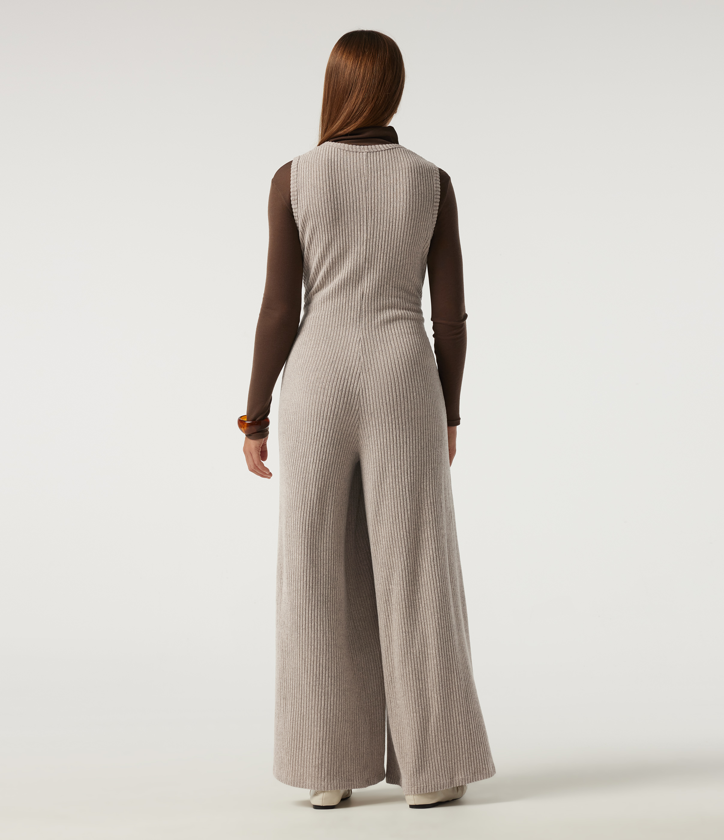 Smoked Olive Ribbed Knit U Neck Wide Leg Casual Jumpsuit with Pockets / 2