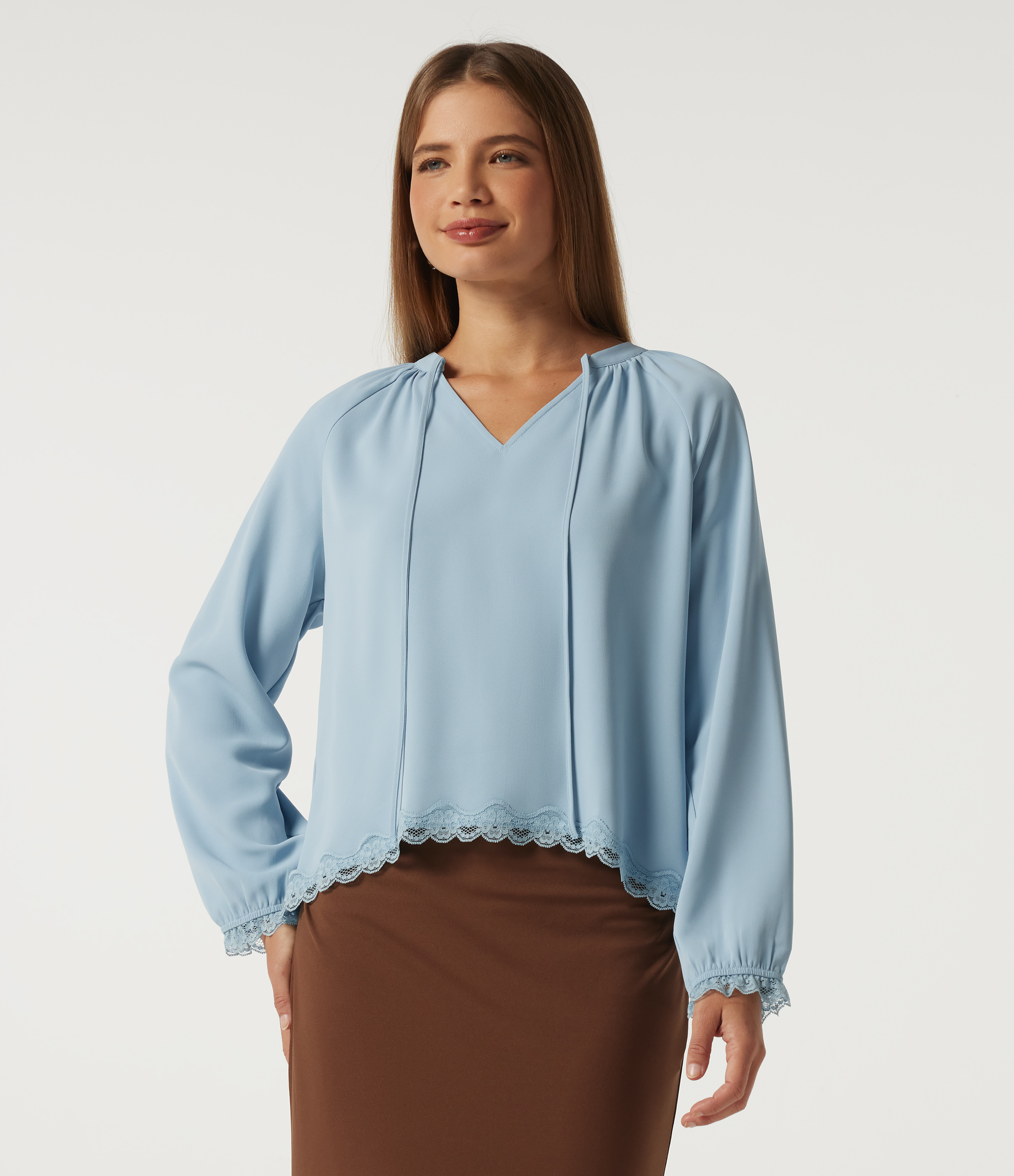 V Neck Long Sleeve Contrast Lace Curved Hem Resort Blouse