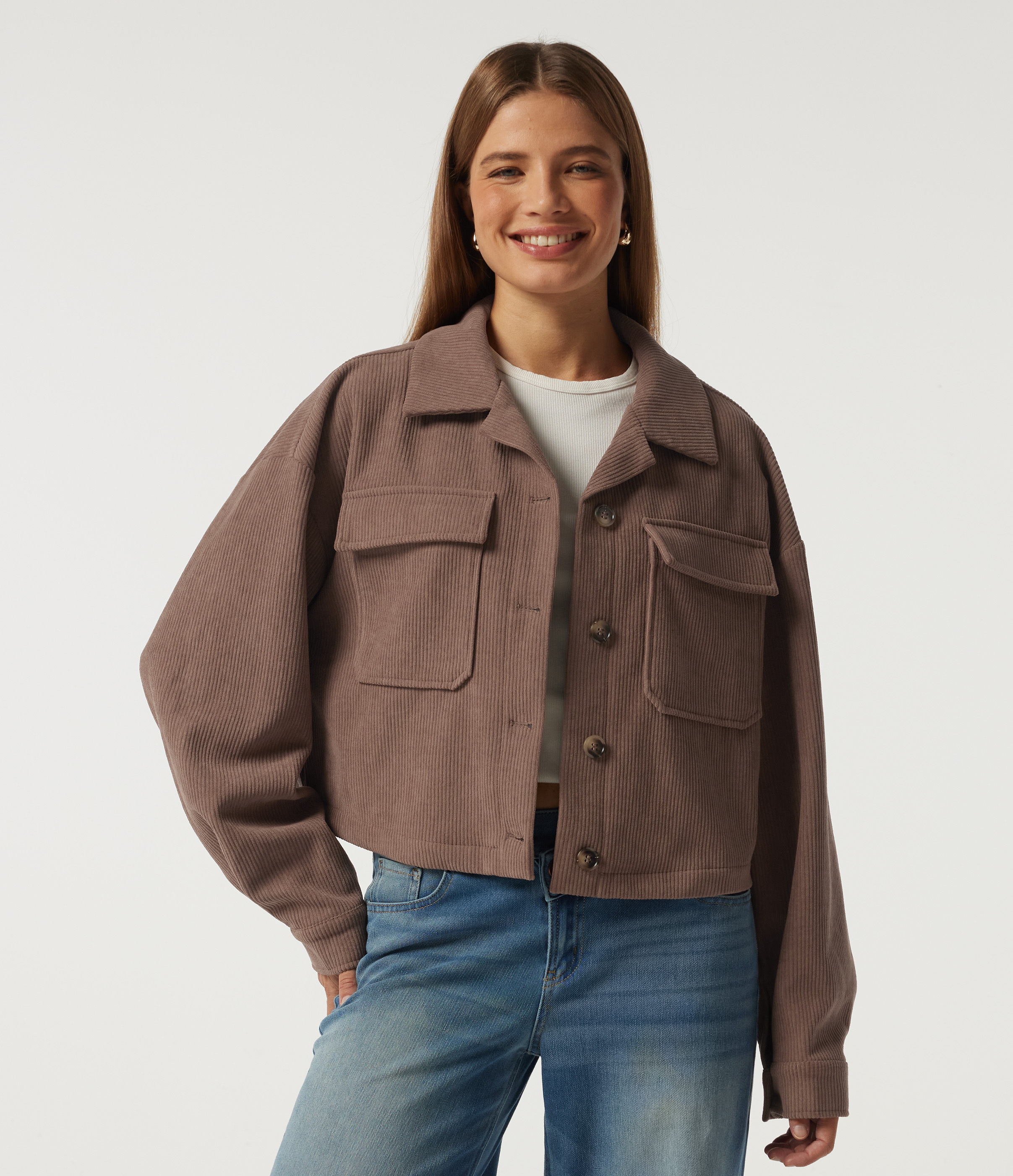 Lapel Collar Long Sleeve Pleated Corduroy Casual Shacket with Pockets
