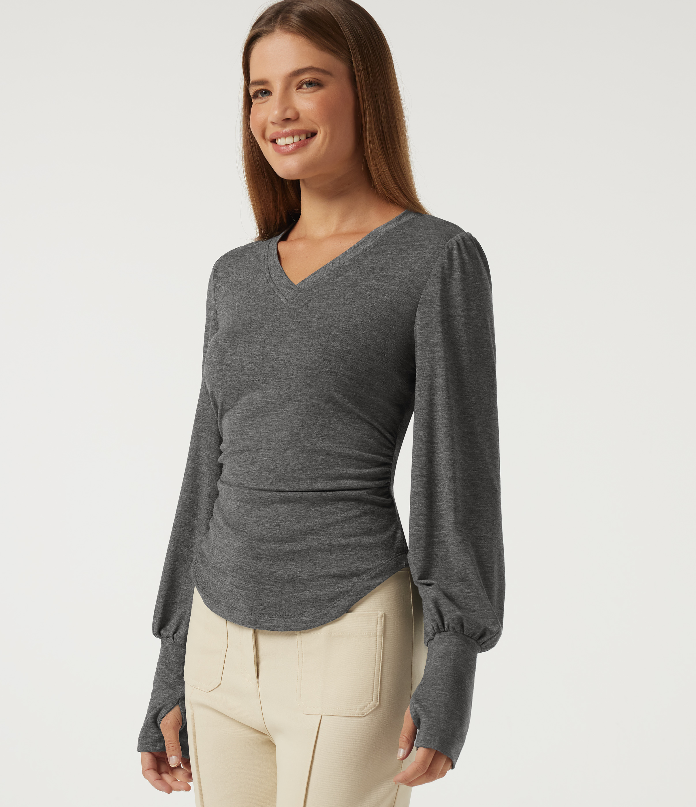 V Neck Long Sleeve Casual T-Shirt with Thumbholes