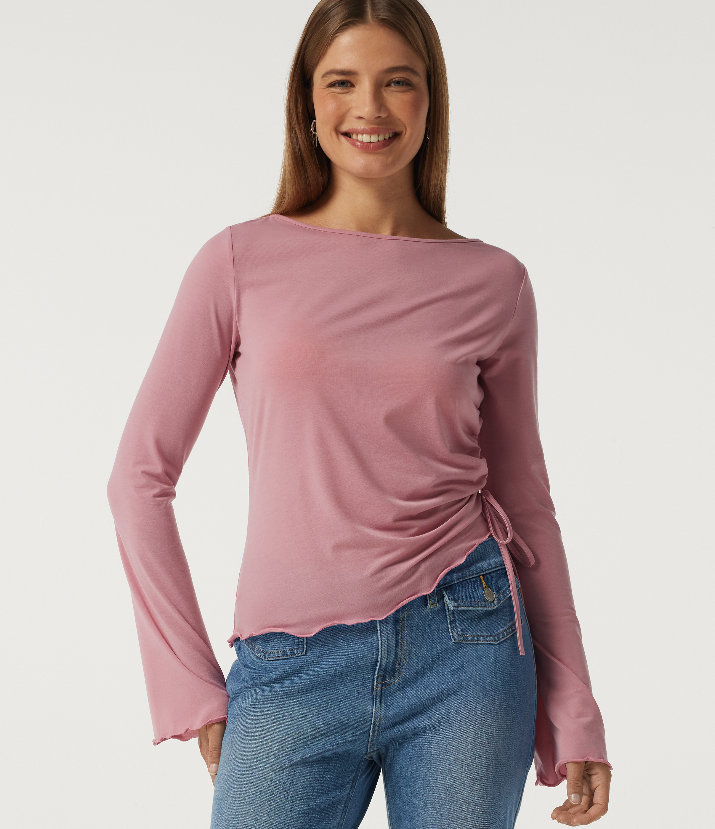 Boat Neck Long Sleeve Asymmetric Ruched Lettuce Trim Quick Dry Casual Top