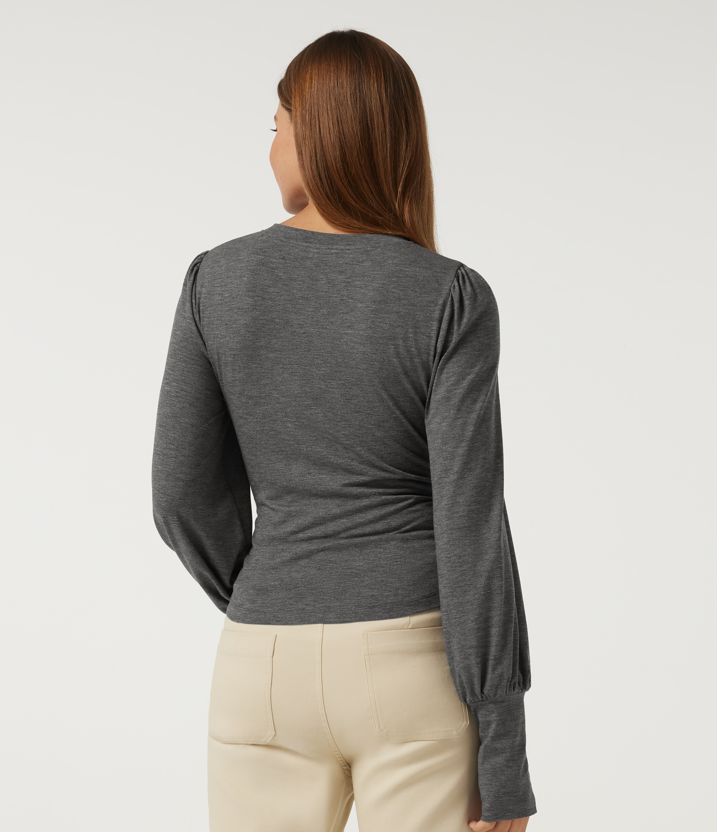 Darl Gray Floral Yarn V Neck Long Sleeve Casual T-Shirt with Thumbholes / 2