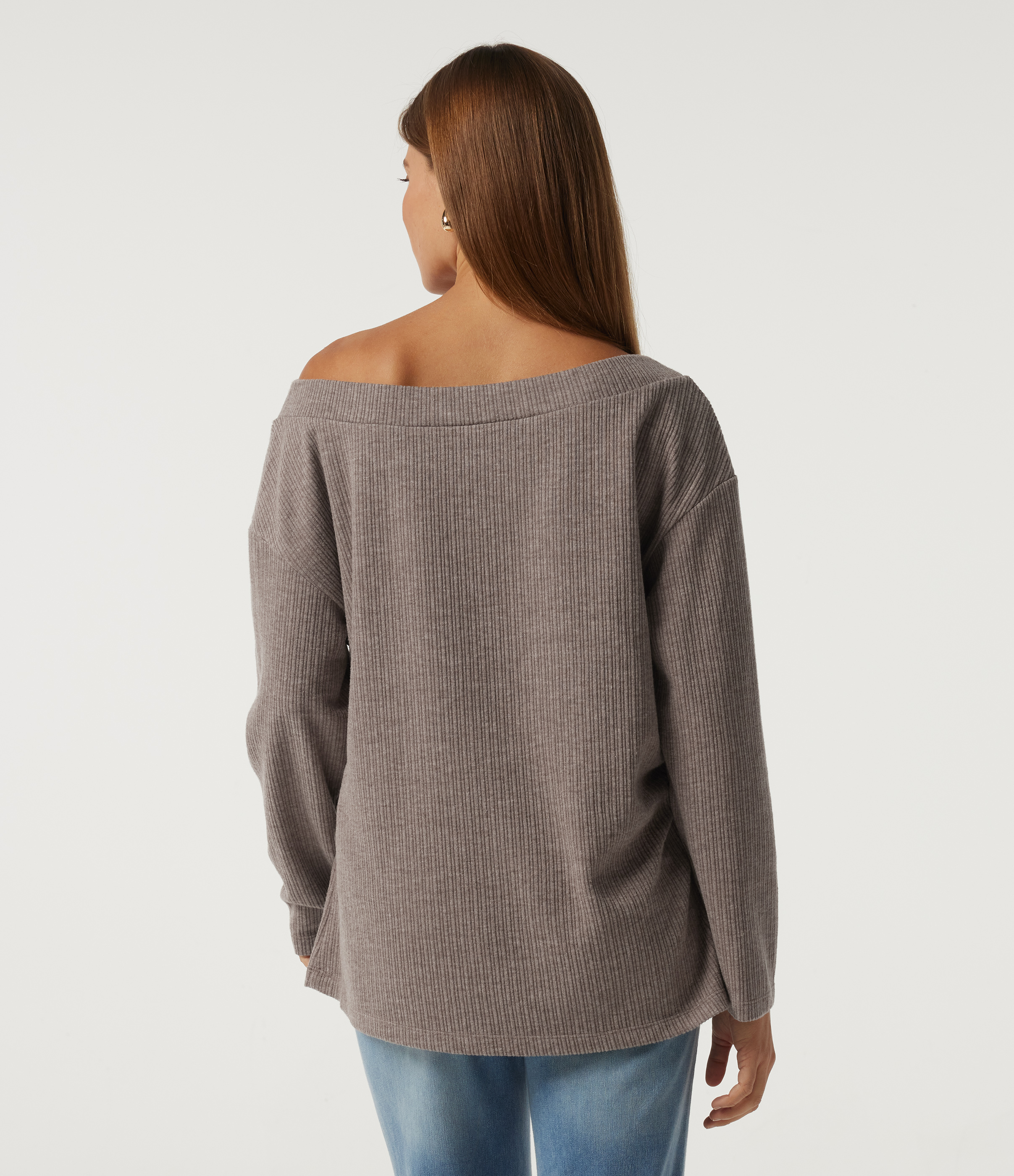 Mocha Meringue Ribbed Off Shoulder Long Sleeve Ruched Casual Top / 2
