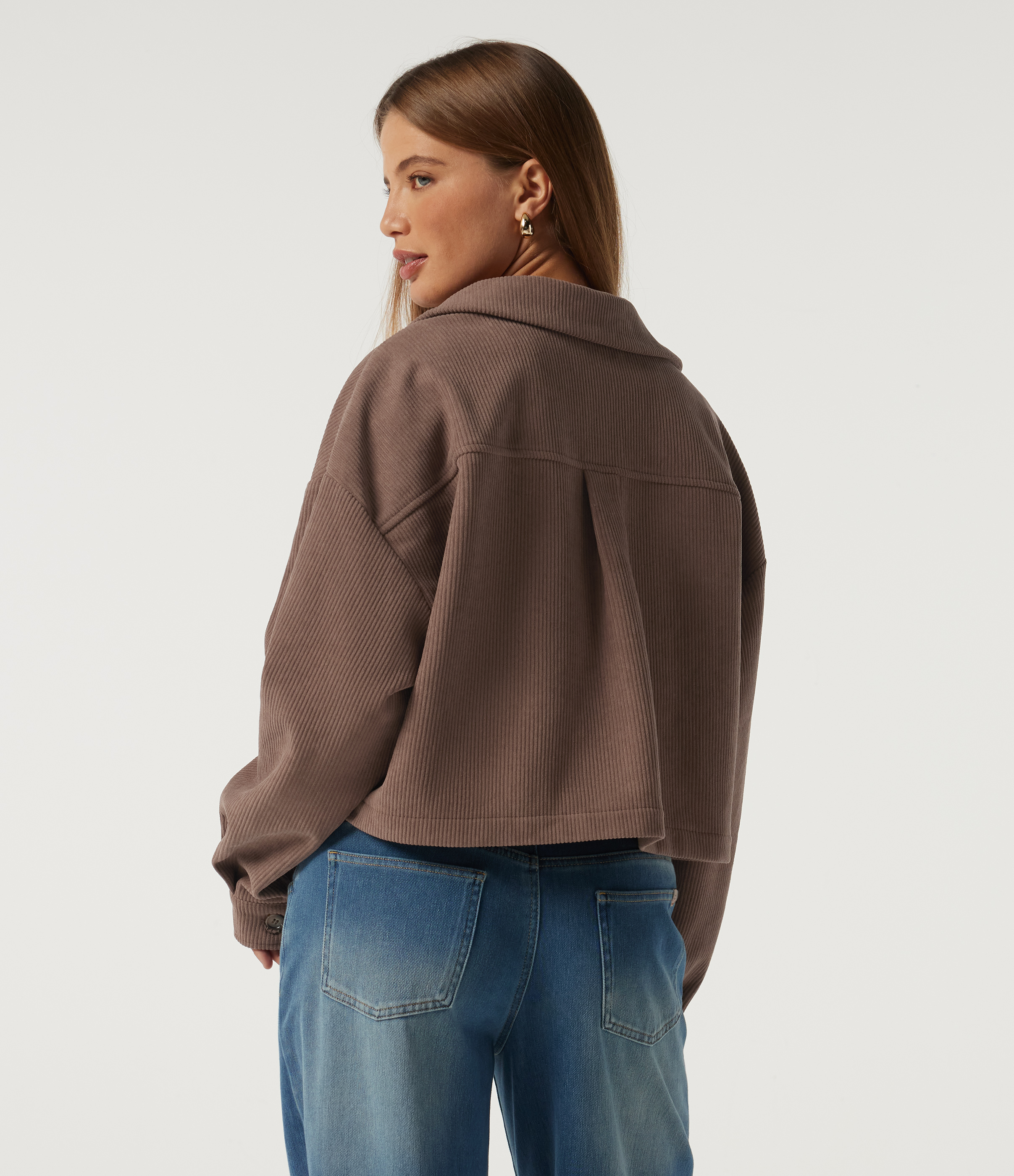 Coca Mocha Chaqueta-camisa casual de pana plisada con cuello de solapa, mangas largas y bolsillos / 2