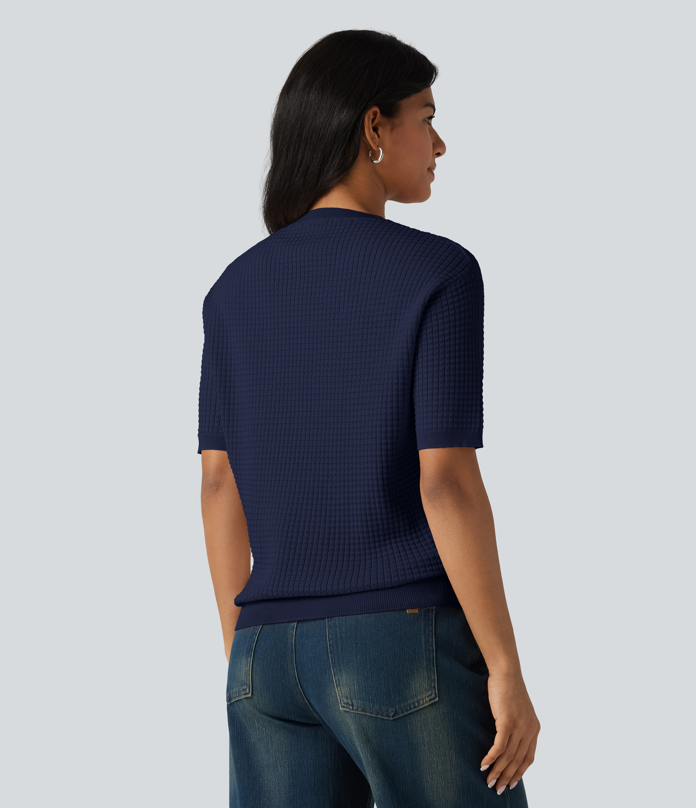 Always in a Mood - Dark Blue Pull col rond manches courtes en tissu gaufré / 2