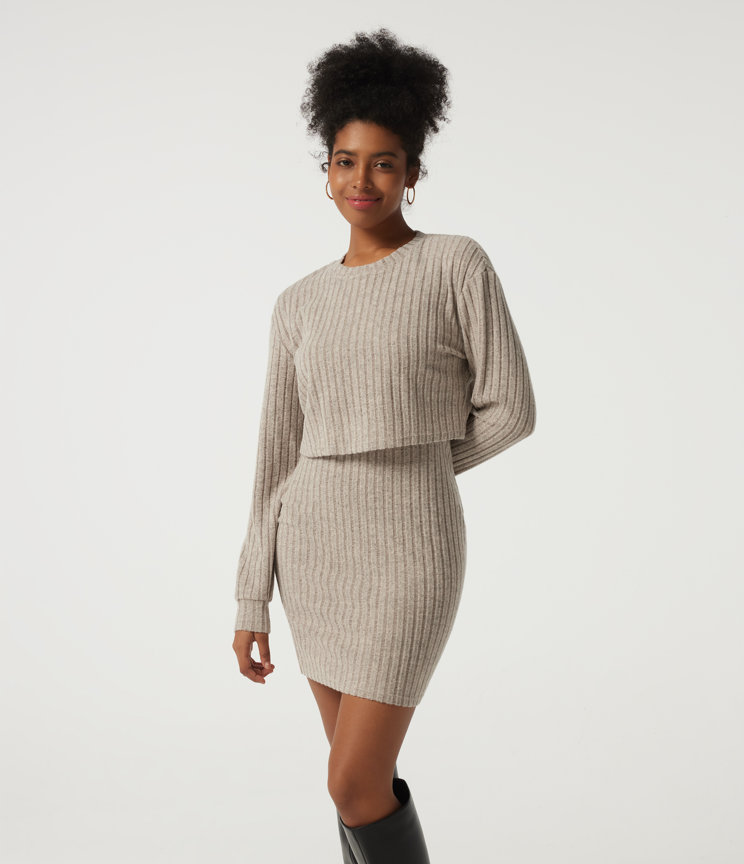 Ribbed Knit Round Neck Long Sleeve 2-Piece Bodycon Mini Casual Dress