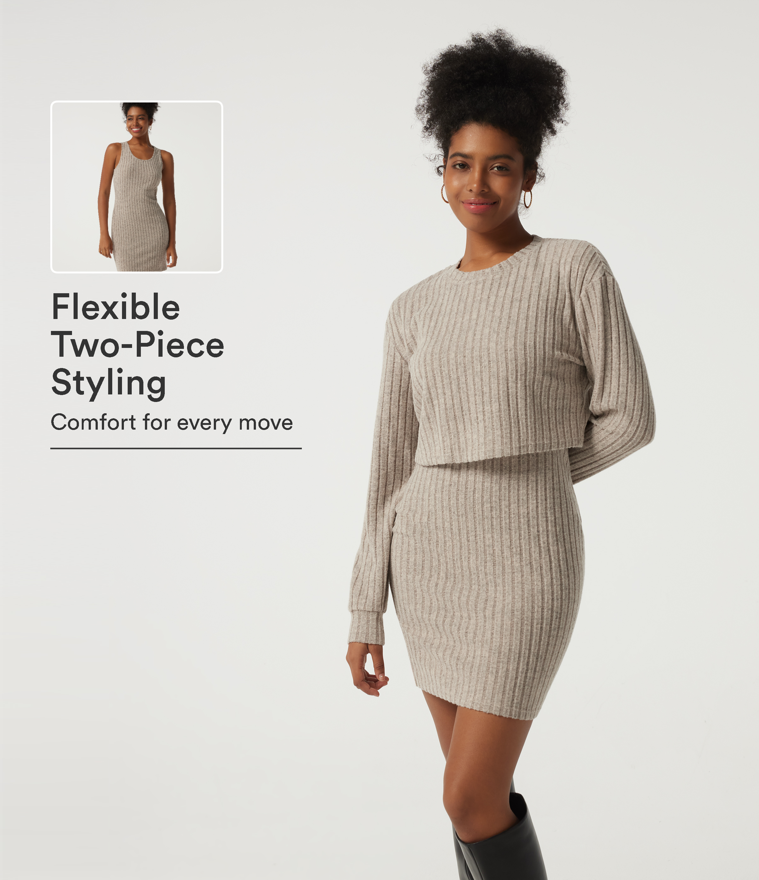 Ribbed Knit Round Neck Long Sleeve 2-Piece Bodycon Mini Casual Dress
