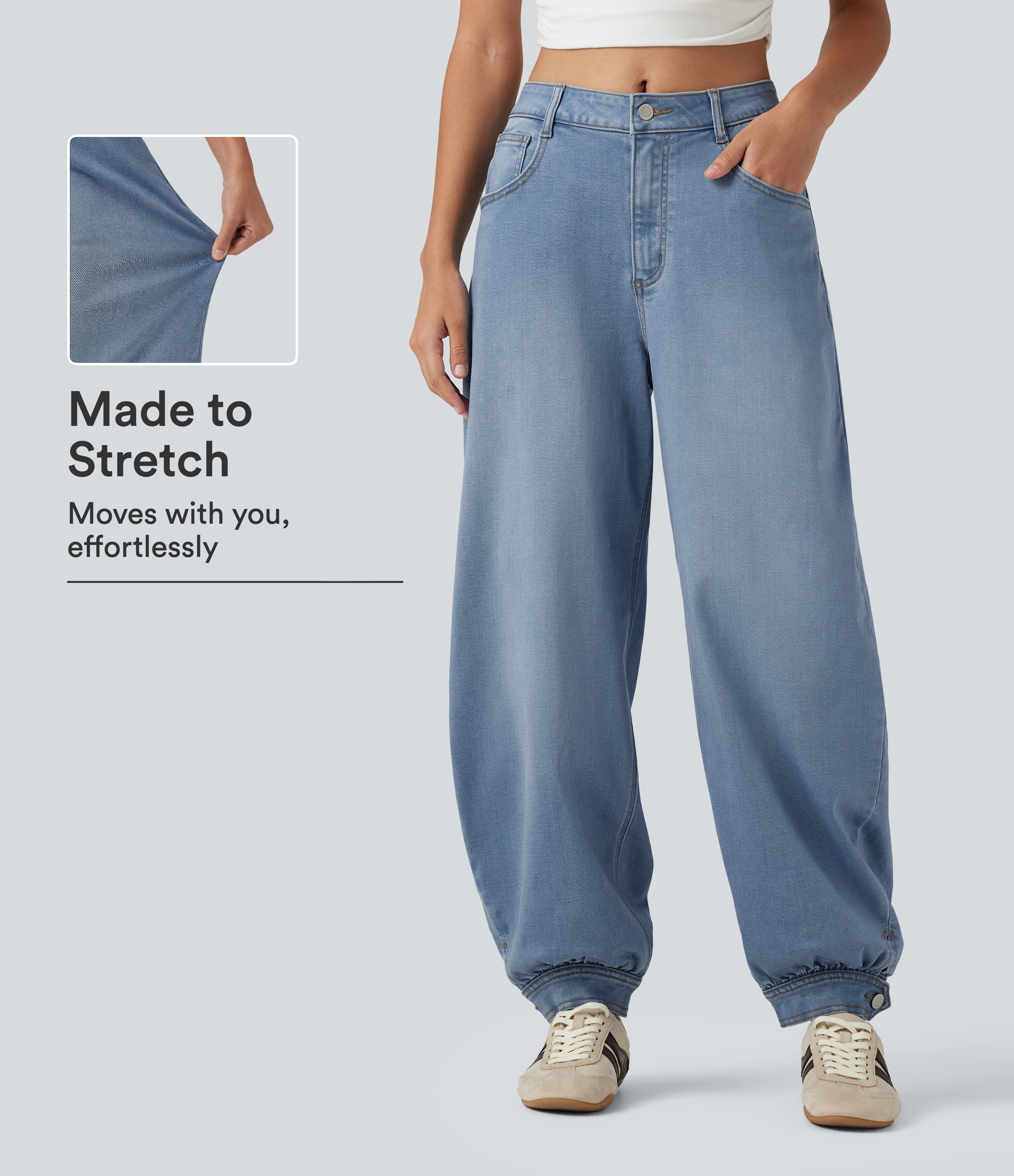 Mid Rise Barrel Leg Denim Casual Joggers with Pockets